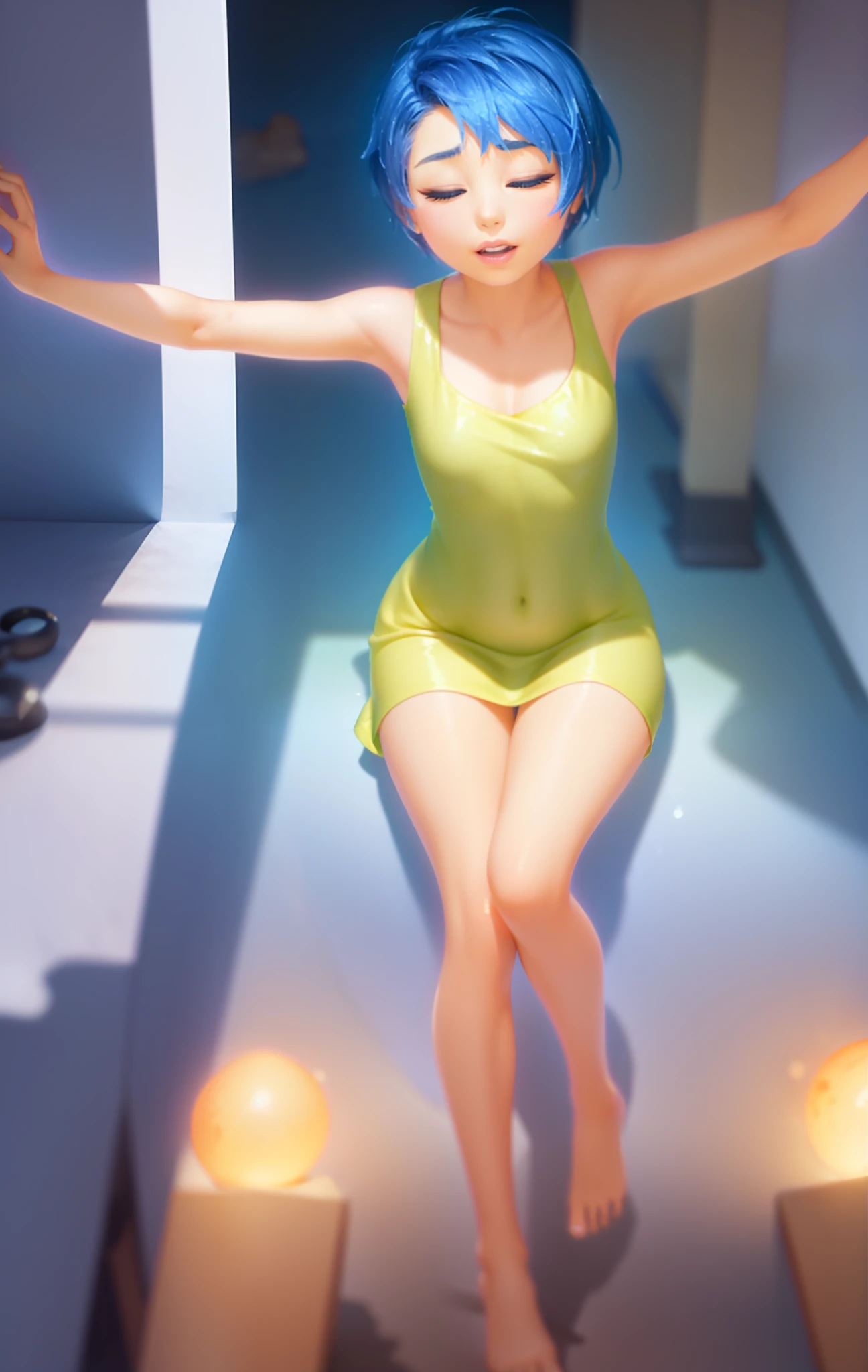 Masterpiece, Best Quality, (joying_Inside out, yellow skin, ),  Happy, wet transparent mini green dress,  Pixar, cartoony, 3D Rendering, small breasts, bare footed, Sunlight, (parted lips:1.4), (nose blush:1.2), breasts visible, Showing breasts, (cinematic lighting), ((detailed background of a glowing ball pit)), ((high-angle view)), (((three-quarter view))), (half body shadow), [backlighting], [crepuscular ray], [detailed ambient light], [gray natural lighting], [ambient light on the belly], (higher wildlife feral detail), [explict content], [sharp focus], (questionable content), (shaded), ((masterpiece), Commission for High Res, masterpiece, best quality, detailed image, bright colors, detailed face, perfect lighting, perfect shadows, perfect eyes, girl focus, flawless face, gorgeous body, shiny body, center focus, gaze at the viewer, half-closed eyes, 1girl, solo, (masterpiece:1.21), (best quality:1.2), (illustration:1.2), (cinematic lighting:1.3), balanced coloring, global illumination, ray tracing, good lighting, cleavage, attractive body, sexy body, looking at viewer, seductive look, SFW, close up, portrait, looking at viewer