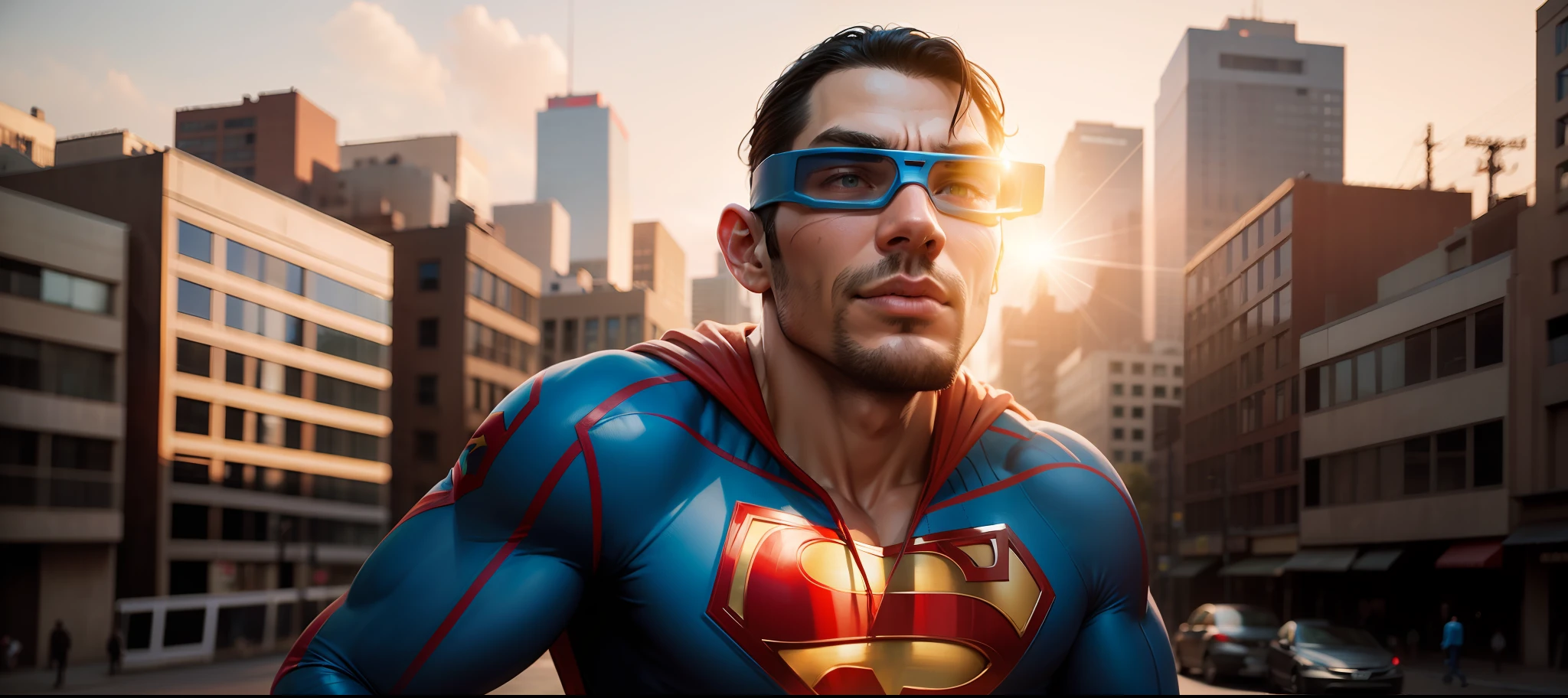 City background, man with Superman man costume