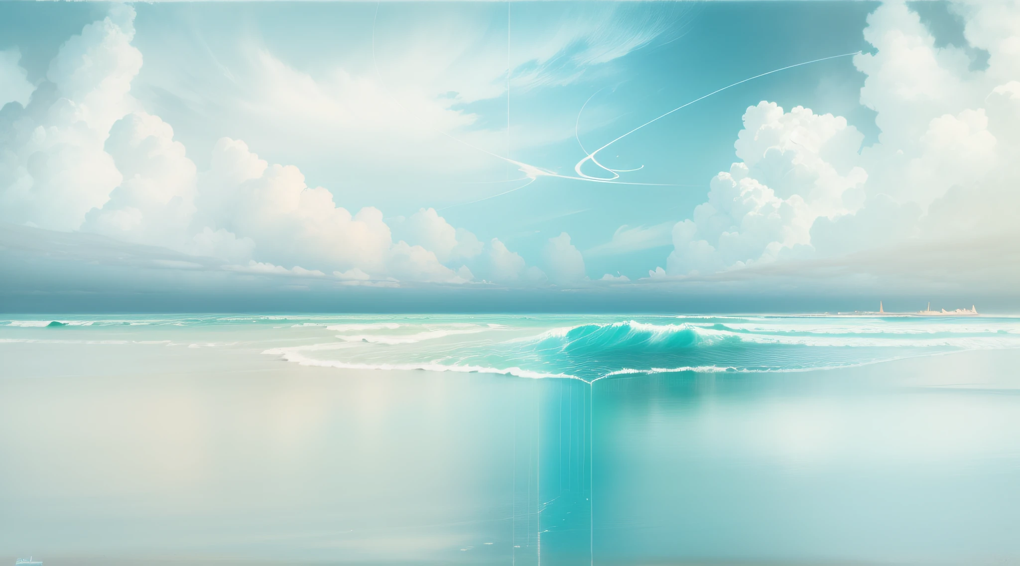(abstract:0.8), modern art painting, sea horizon and clouds, haze, long time exposure, masterpiece, cyan, blue and white