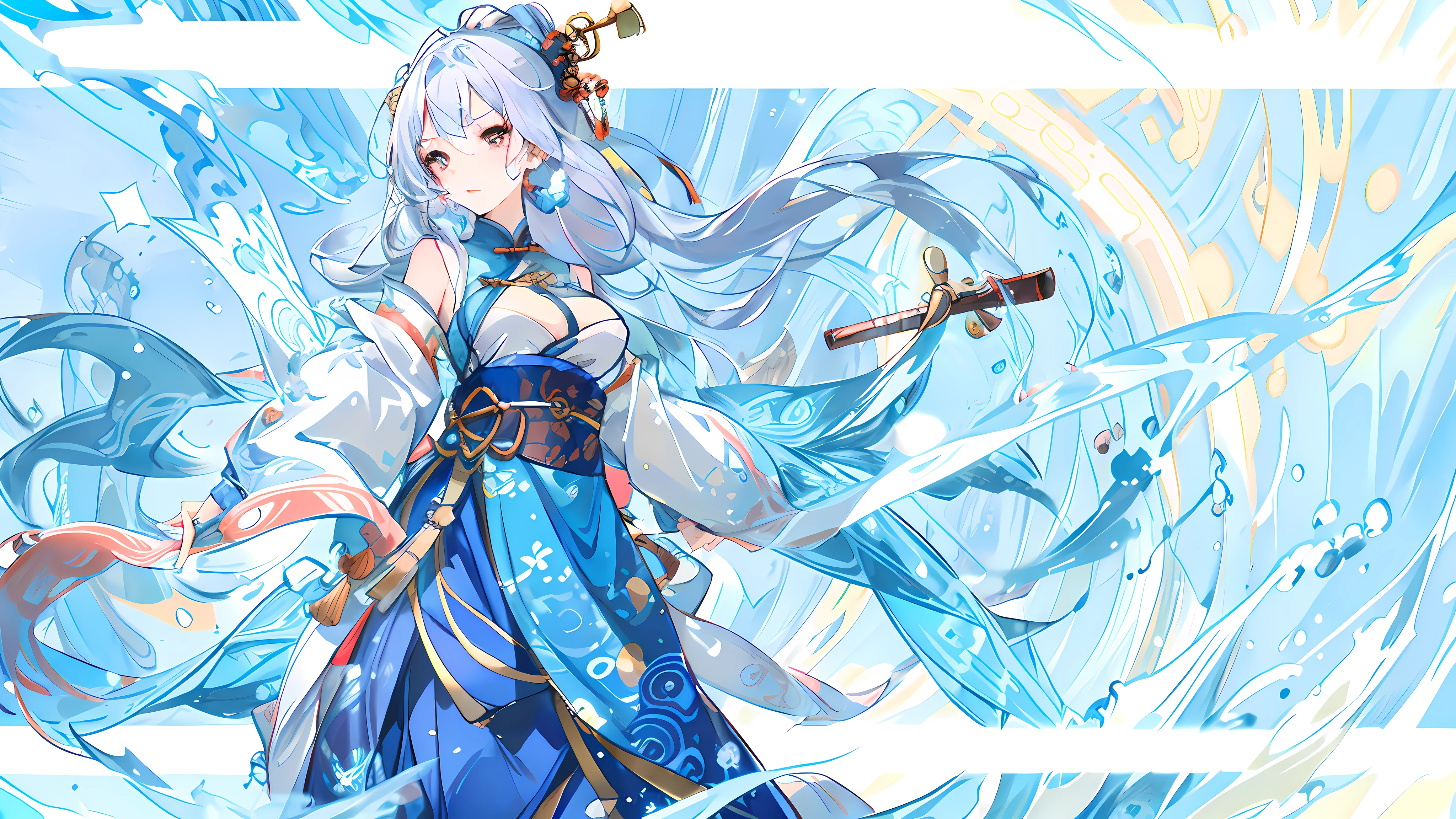 Exquisite facial features,Nice face,best qualtiy,tmasterpiece,ultra - detailed,swell sea,Buble,water flowing,one-girl,White color hair,blue skirts, Ancient Chinese clothing,National style background, 超高分辨率, 1girll, adolable,Raised sexy,Exposed flesh,seductiv, boobs exposed, childish looks, Kawaii face, Detailed skins,, Chinese ancient style, full bodyesbian, Slim,