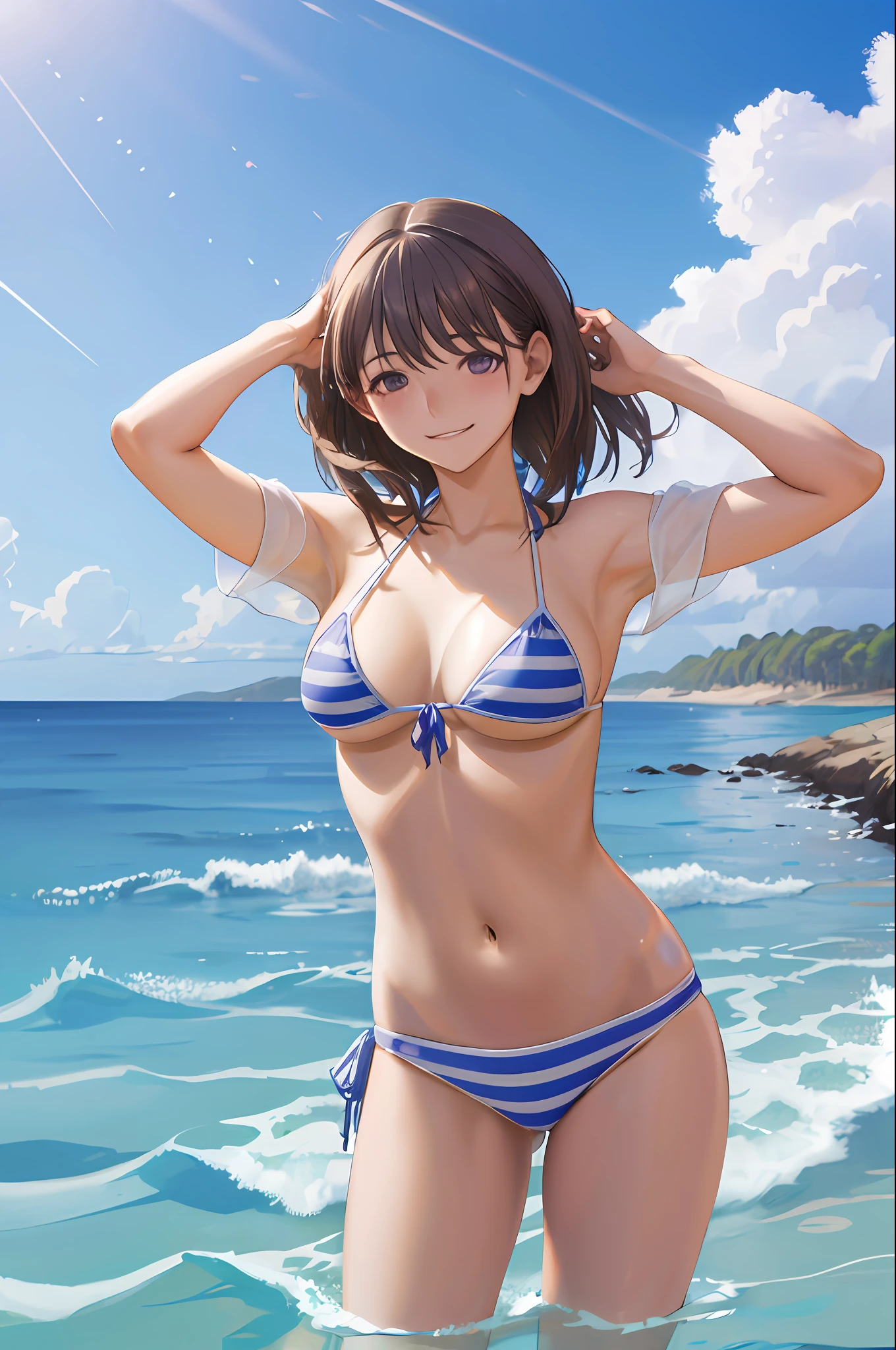 ((masutepiece)), ((Best Quality)), (Ultra-detailed), ((Extremely detailed)), 4K, (8K), Best Quality,(((Cowboy Shot))), (Beautiful), ((smiling with close eyes)), Cute s, 1girl in, Solo, ((beautidful eyes))0, blush, Best Quality, hight resolution, 1girl in, Middle hair, (((large breasts))), Bangs, Purple eyes, Brown hair, ruffle bikini, (((Blue Stripe Bikini))), ((Beautiful sea)), On the beach,