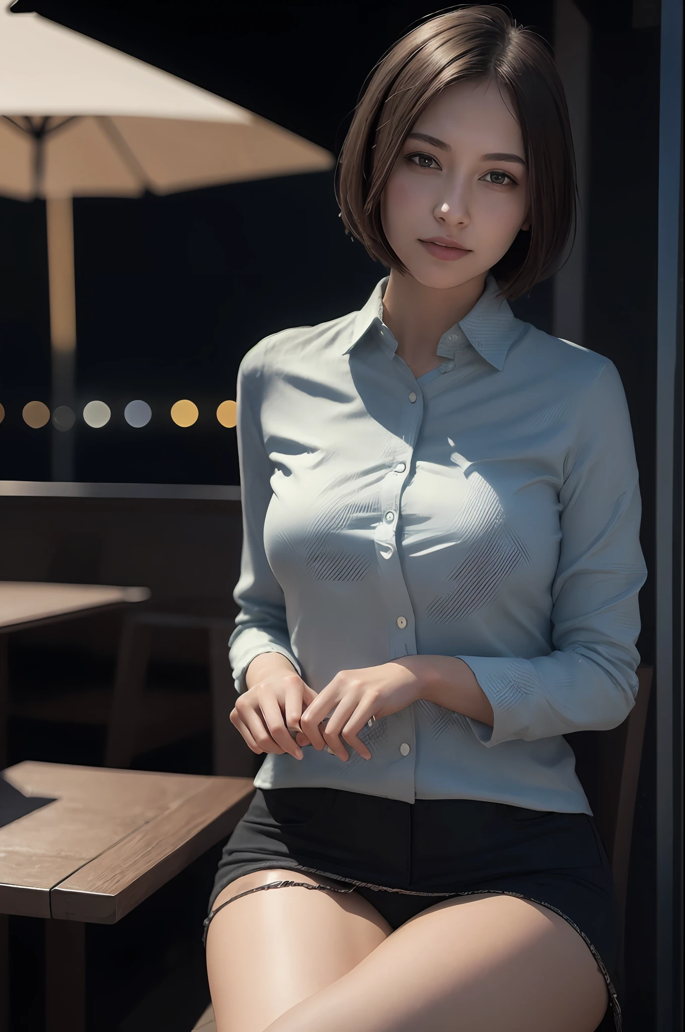 (8k, best quality, masterpiece:1.2), (realistic, photo-realistic:1.37), ultra-detailed, 1 girl, cute, solo, beautiful detailed sky, detailed cafe, night, sitting, dating, (nose blush), (smile:1.15), (closed mouth) small breasts, beautiful detailed eyes, (collared shirt:1.1), night, wet, business attire, rain, white lace, (short hair:1.2), floating hair NovaFrogStyle, topless,closeup shot