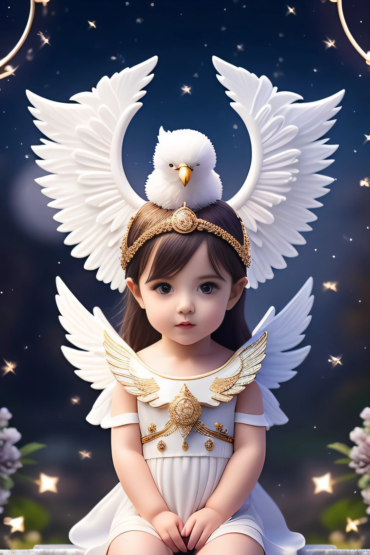 little cute angel with feathered wings looking to the night sky, ((gorgeous face)), ((realistic)), sitting on the outer egde marble gazebo at night garden and surrounded by white litle birds flying around her, all illuminated by the moon, intricate detailed, professional lighting, high definition, 8k, studio light
