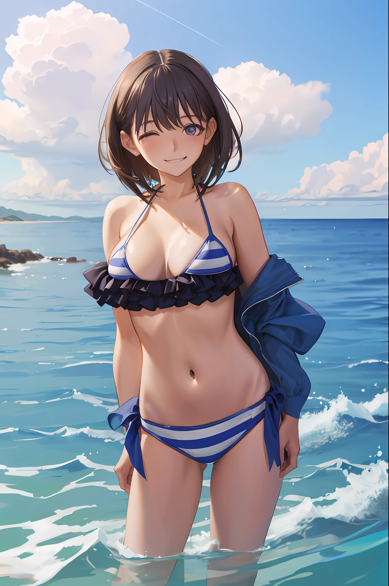 ((masutepiece)), ((Best Quality)), (Ultra-detailed), ((Extremely detailed)), 4K, (8K), Best Quality,(((Cowboy Shot))), (Beautiful), ((smiling with close eyes)), Cute s, 1girl in, Solo, ((beautidful eyes))0, blush, Best Quality, hight resolution, 1girl in, Middle hair, (((large breasts))), Bangs, Purple eyes, Brown hair, ruffle bikini, (((Blue Stripe Bikini))), ((Beautiful sea)), On the beach,