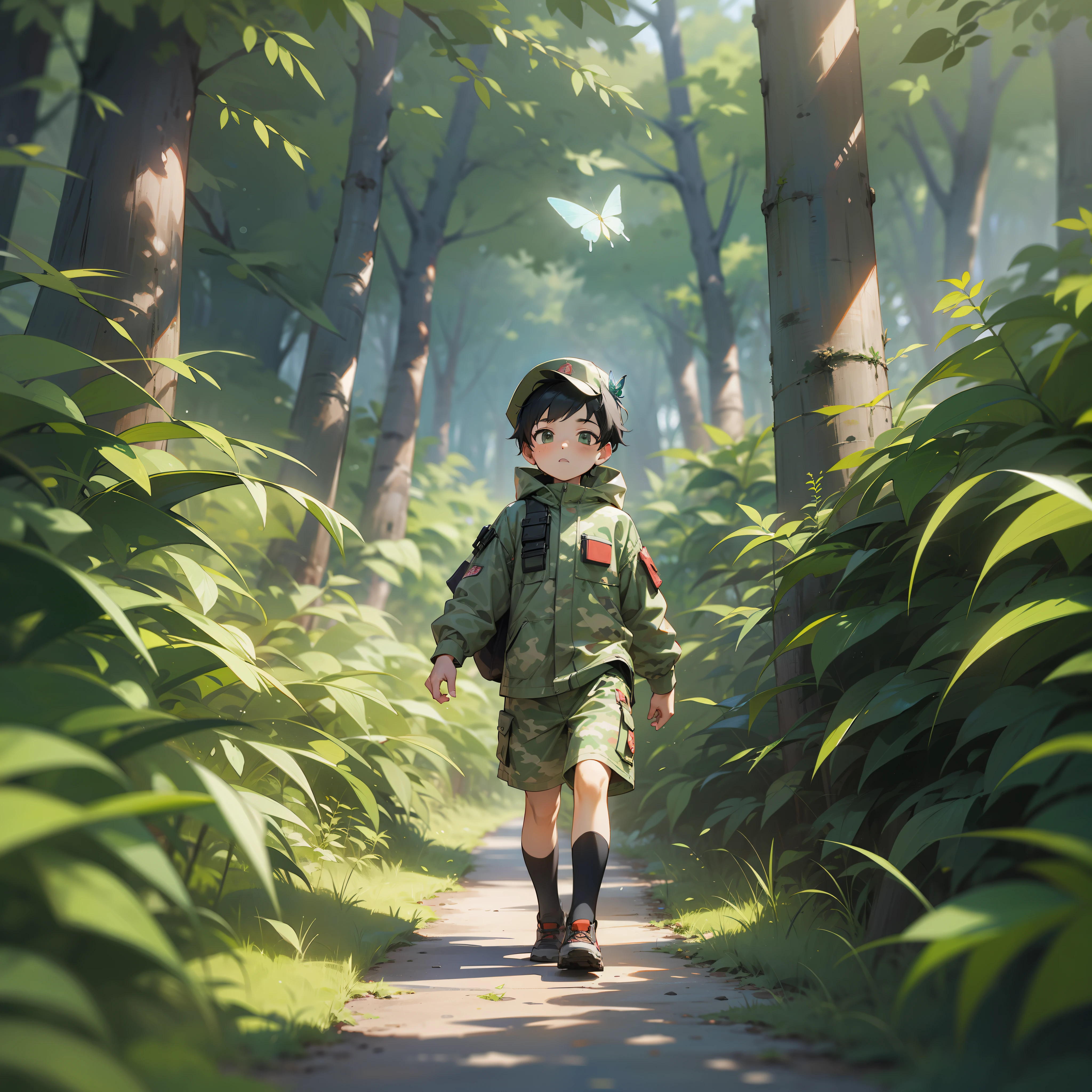 A young boy wearing camouflage suit shorts,Wearing a hat Walking in the forest ,There is a path in the middle,The little boy holds a butterfly net in his hand