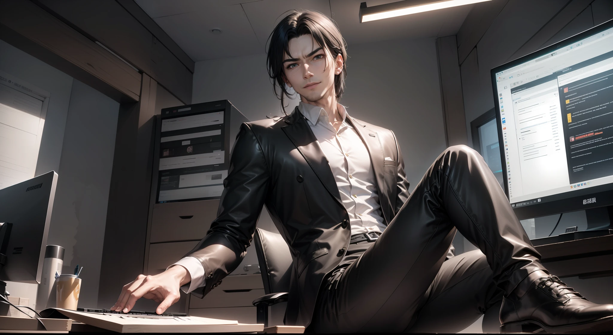 hyper HD，The ultimate masterpiece，High detail depiction，Best picture quality，8K，style of anime，cyber punk perssonage，A mature man sitting in an office，Monitors，keyboards，Keep your eyes on the monitor，short detailed hair，30 years old，Ultra-precise and detailed facial features，Black eyes，ssmile，In black suit，Black leather shoes，White shirt，Black trousers，Code flashing，Height 1.75 meters，code，computers，Far view