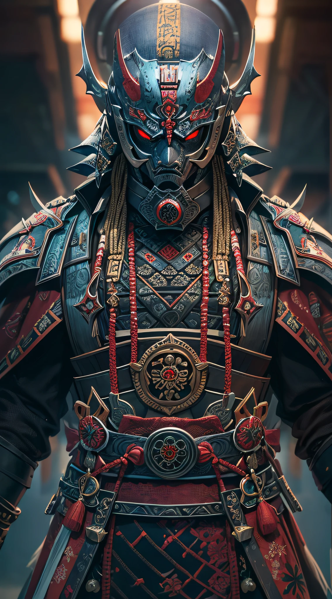 masterpiece, best quality, 1man, samurai armor, helmet oni evil mask,intricate, ornaments detailed, cold colors, metal, egypician detail, highly intricate details, realistic light, trending on cgsociety, glowing eyes, facing camera, neon details, ultra realistic details, portrait full body, japanese atmosphere, global illumination, shadows, octane render, 8k, ultra sharp