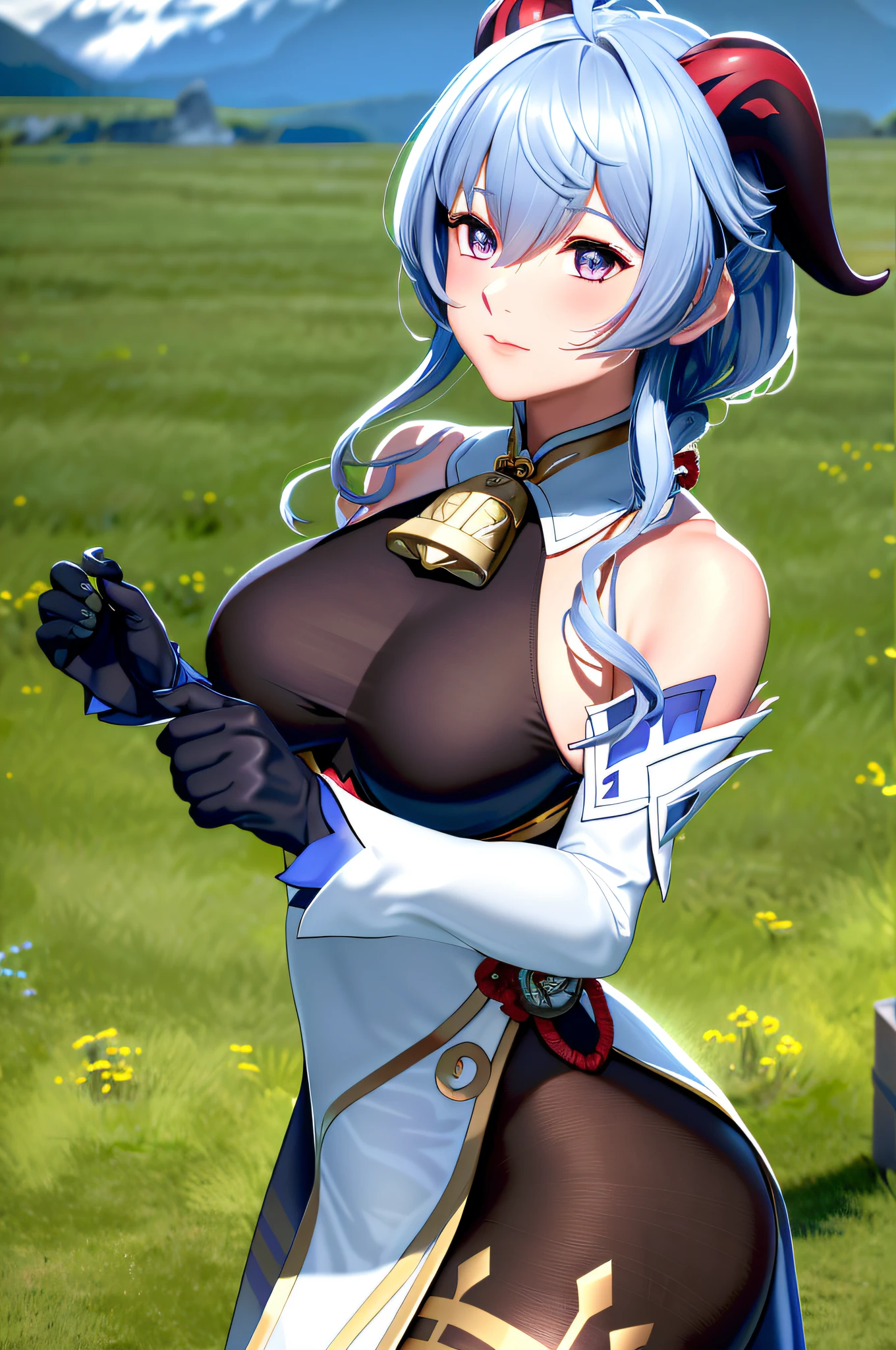 Masterpiece, (Photorealistic:1.5), Best quality, Beautiful lighting, Real life,
Ganyu \(Genshin Impact\), 1girll, ahoge, architecture, bangs, Bare shoulders, bell, Black gloves, Black pantyhose, (Blue hair), Blush, Breasts, Chinese knot, Detached sleeves, east asian architecture, flower knot, mitts, Horns, Long hair, view the viewer, Medium breasts, Neckbells, Night, Outdoors, Pantyhose, Purple eyes, side locks, Solo, nipple tassels, White sleeves, outside,grassy fields,mountain ranges
, Intricate, High detail, Sharp focus, Dramatic, Beautiful girl , (RAW photo, 8K UHD, filmgrain), Caustics, Subsurface scattering, Pondering