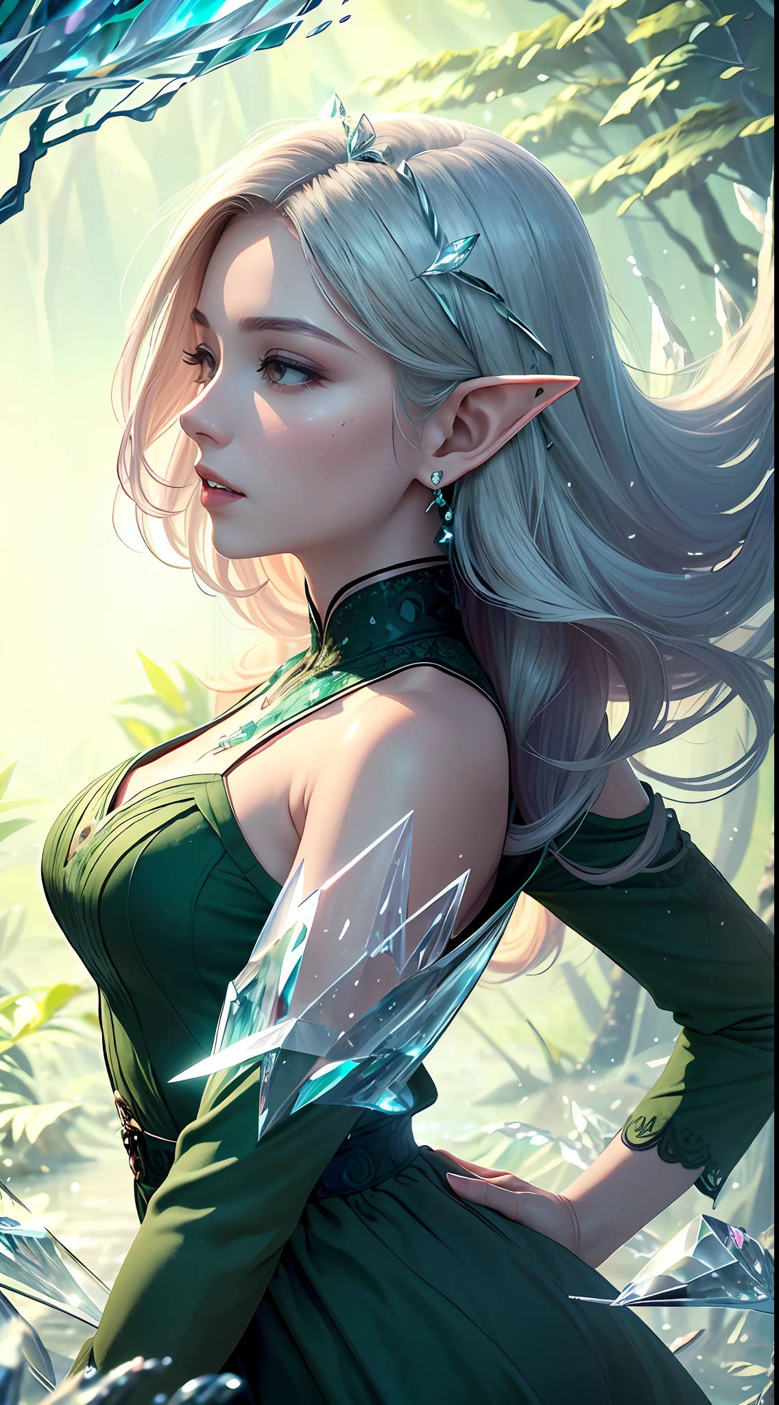 (Masterpiece, Top Quality, Best, Official Art, Beautiful and Aesthetic, Long Exposure: 1.2), Smooth Movement, Charming Patterns, 1 Girl, (Long Dress with Sleeves: 1.3), (((Green Clothes) )), upper body close-up, bare shoulders, Chinese girl, blush, black lob hair, portrait, solo, upper body, looking at the observer, detailed background, detailed face, (crystallineAI, crystalline theme:1.1), elemental wood elf, rotation foliage, control foliage, emerald clothing, dynamic pose, floating particles, ethereal dynamics, foliage, vapor, forest in the background, green tint, forest, ethereal atmosphere,