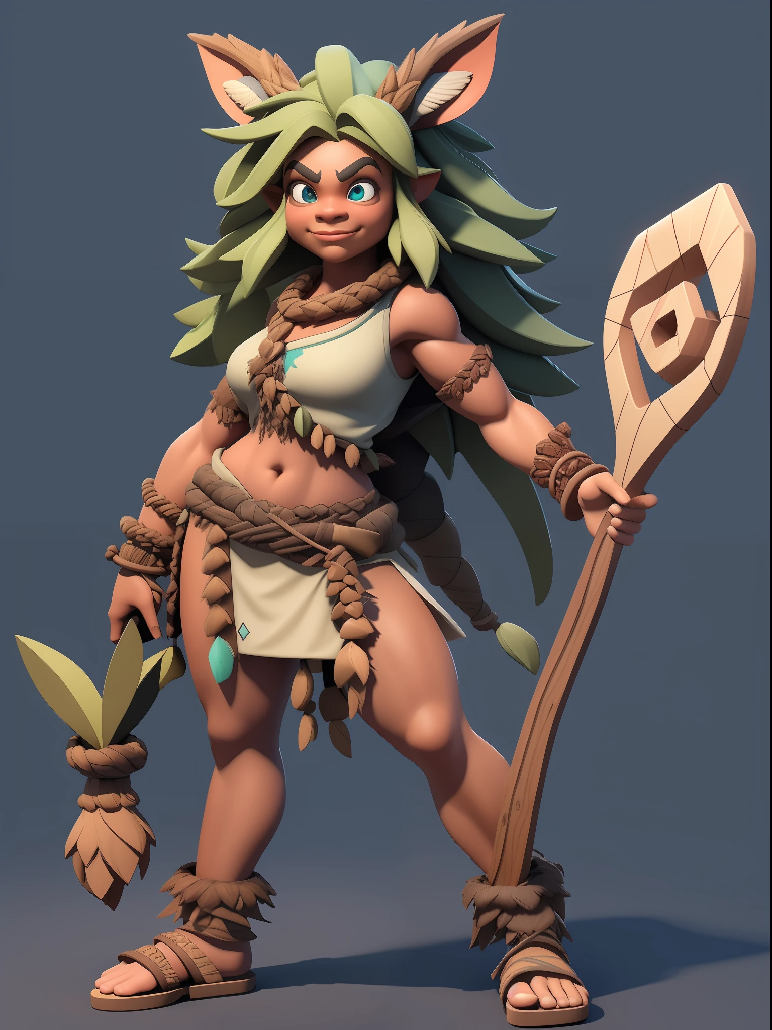 1 Tribal Girls,Full body like,(European and American cartoon Q version,3D model rendering,Primitive barbarian style),forest fairy,fawn,celtic tattoos,Barbarians,Primitive tribes,dwarven,clash of clans style,Cartoon model rendering,low poly,highly details eye、beauitful face,Mini Dwarf,Complicated details,Full body standing painting,white backgrounid,tmasterpiece,best qualtiy,Best resolution,8K