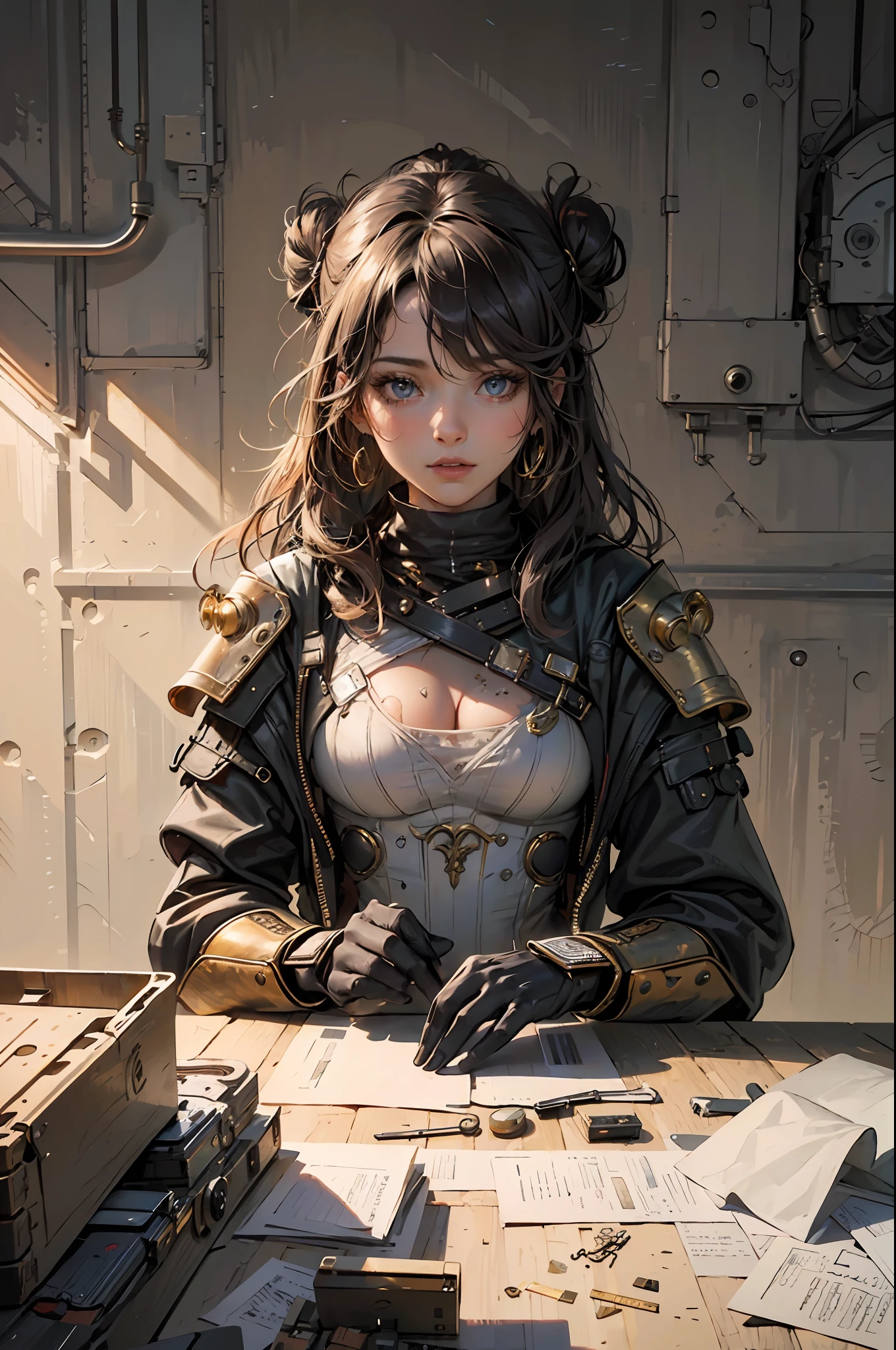 Anime girl in steampunk outfit sitting at a table with a clock - SeaArt AI