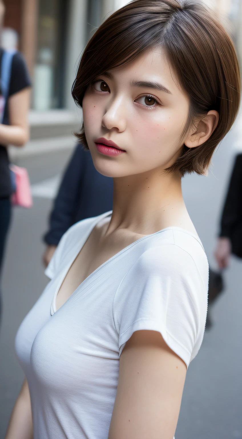 (Raw photography:1.2)、(Photorealsitic:1.4)、(​masterpiece:1.3)、(top-quality:1.4)、超A high resolution、(A detailed eye)、(detailed facial features)、(detailed clothes features)、8K分辨率、solofocus、bangss、skin tightening、(shinny skin)、(Slender girl)、(Straightening of the back)、(a japanese girl)、(Japan Faces)、((short-hair))、1 girl in、Slim Beauty:1.3、brown haired、Delicate hair、(huge tit:1.2)、new york streets、Detailed street fashion、hotpants、Looking at the camera