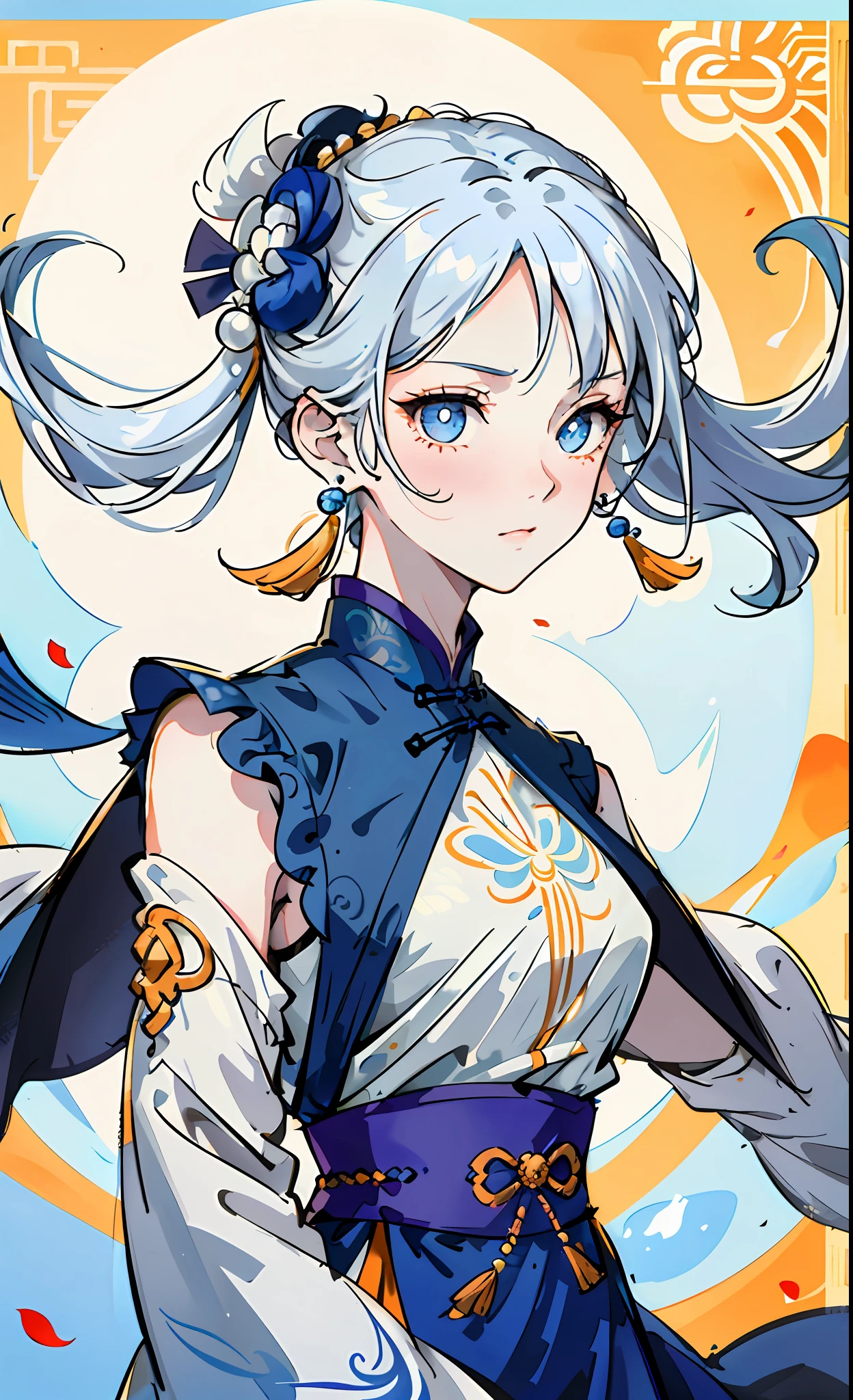 Mature girl, orange pupils, blue-white hair color, floating hair, delicate and flexible eyes, intricate damask Hanfu, gorgeous accessories, wearing pearl earrings, fov, f/1.8, masterpiece, ancient Chinese architecture, blue sky, flower petals flying, front portrait shot, Chang'e, side light, sunlight shining on people, 8K