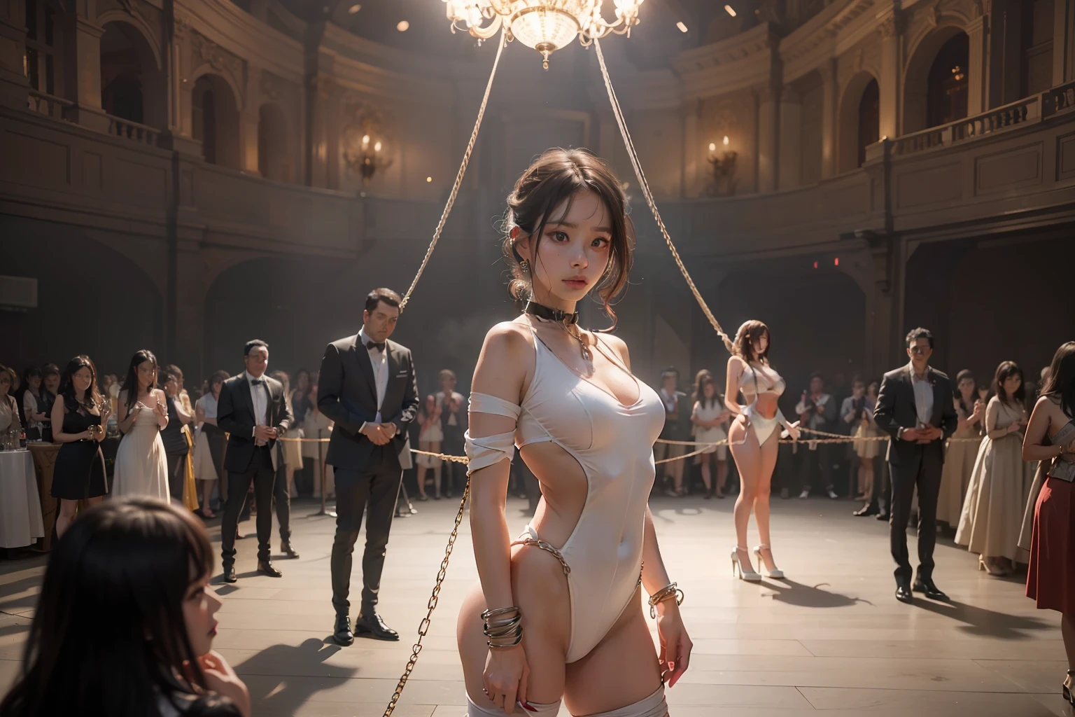 The highest quality shooting　, Banquet Hall、Party Venue　, 、、、audience、、stage　、Cowboy Shot、、Facing to the side、Looking away 
、、Two Women、People dressed in formal clothes、brightly lit room、tiny chest　　、White sheer bodysuit　、　Legs tied、Tied with a rope　、White bodysuit　、Cowboy Shot、　Open your legs from side to side　、hiding chest with hands　、　Looking away　、Hands tied with ropes　、  collars with chains　　　、blushed face,　Bright lighting　, chains , Spectators , cages　, stage, Wet skin ,(((bound breast))) 　,noose　 , Sad look　, long　,Full-body lens photo seen from below　, A dark-haired　, shining beautiful skin, Sweat, collar and chain accessories, beautiful black pupil and hair, Detailed expression, Beautiful eyes