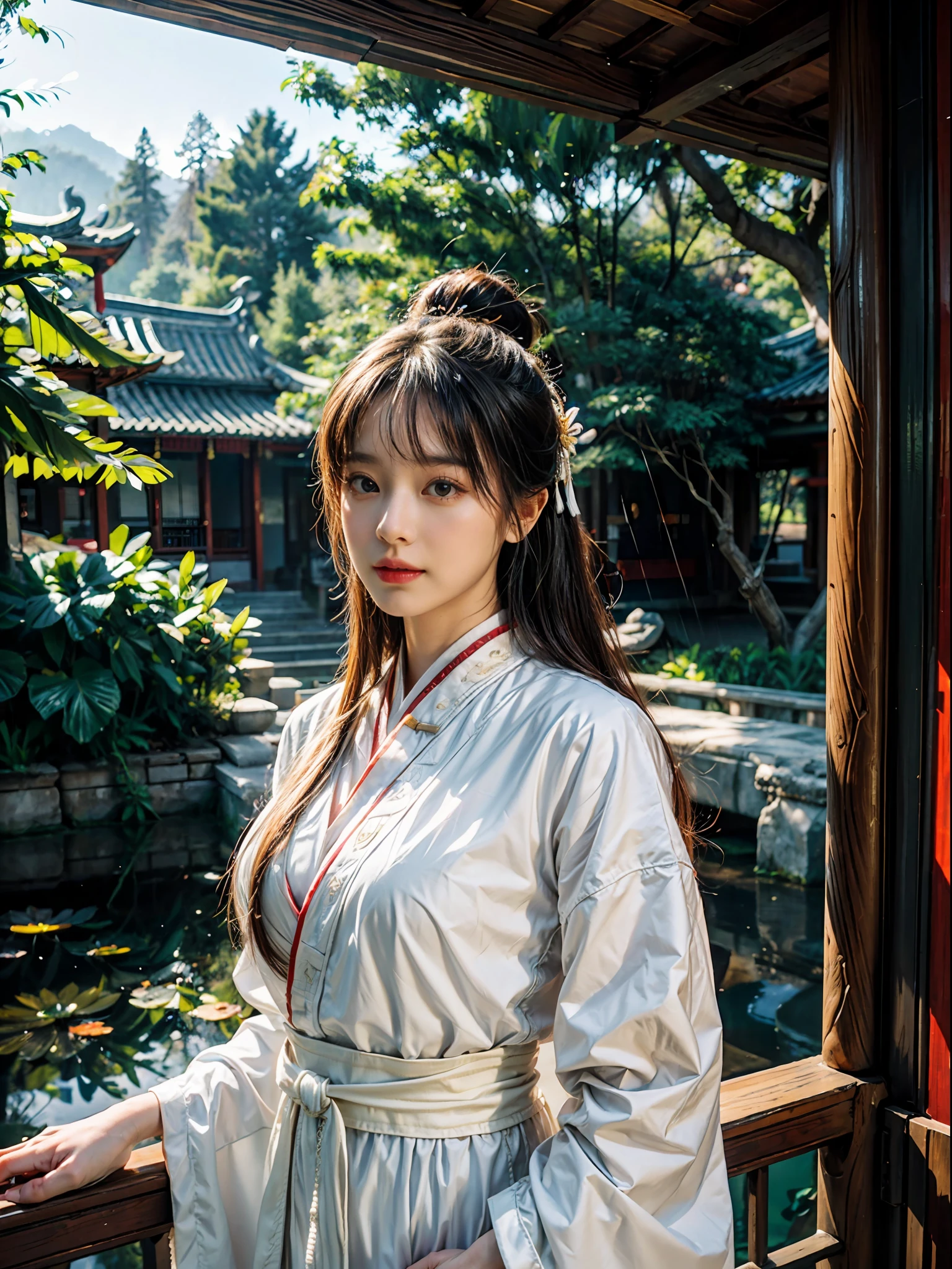 realistic, big vista, wide angle lens, intricate details, super detailed, natural skin texture, 1 girl, hair bundle, bun, beautiful Chinese woman in white hanfu robe cloak, fairy, white mist, golden light, white mist, outdoors, in Hangzhou West Lake, in ancient Chinese pavilion, (colorful, vivid, sunny, cool light: 1.2) lotus leaves in pond, delicate facial details, dynamic poses, exquisite details, wide view, epic details, global illumination - ar 3:2 - Q 5 - V 5.1 - Style RAW-S 750, style influenced by ancient Chinese art, complex, high detail, sharp focus, dramatic, photorealistic painting art, lotus leaf, spring rain, bright, light, atmospheric, bright tones of spring, super detail, 16k, best quality, soft light, space, crystal clear, natural light, surreal photography,