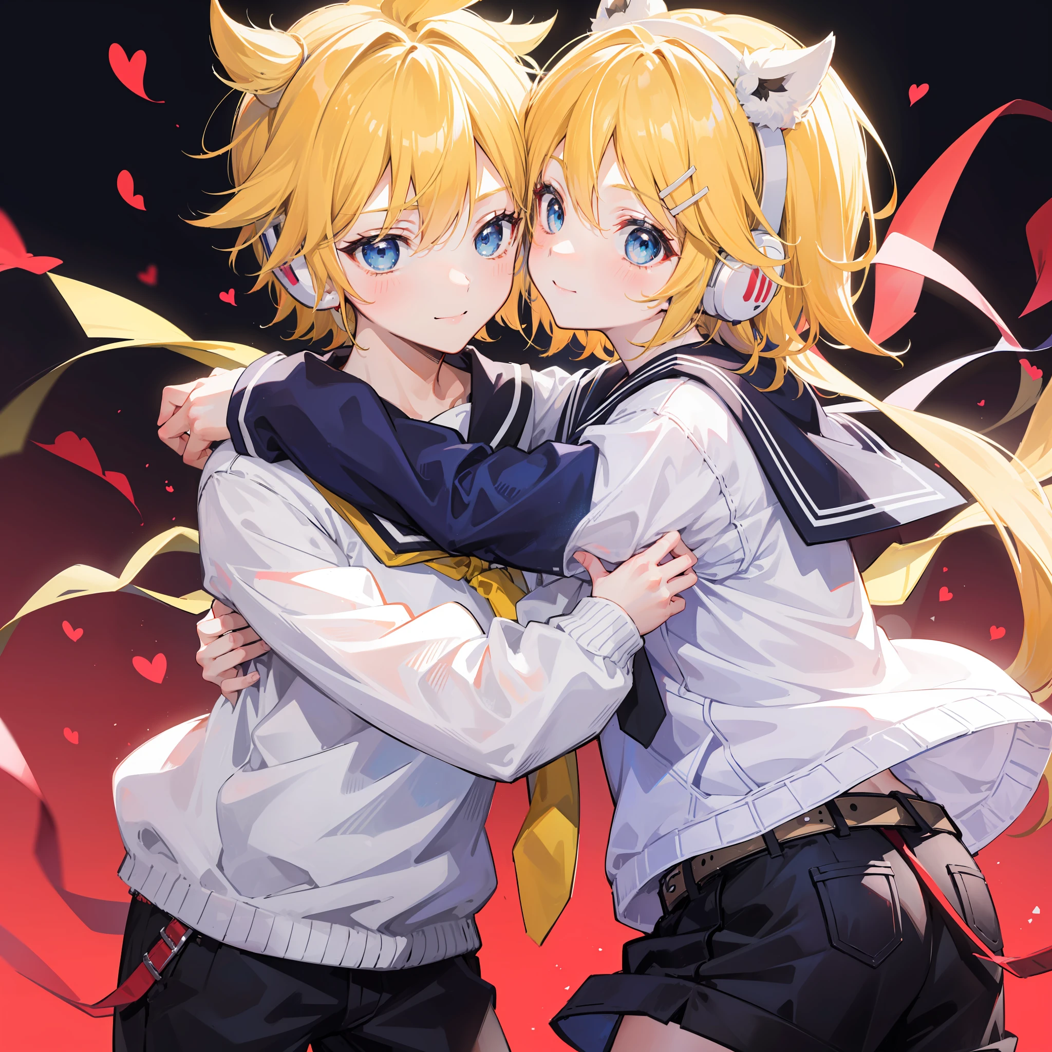 best quality, ultra precision, only two person, one boy and one girl, (a boy is Kagamine_Len), (a girl is Kagamine_Rin), blue eyes, cute, short hair, head phone, blond hair, sailor uniform, black short pants, belt, yellow necktie, smile, elementary school student, twins, love each other, sibling, children, (boy is as tall as girl), kids, characters focus, couple, love each other, white background, look at each other, platonic love, cool boy, cute girl, (hug), cowboy shot, blush, about to kiss, boy is cowlick, **********