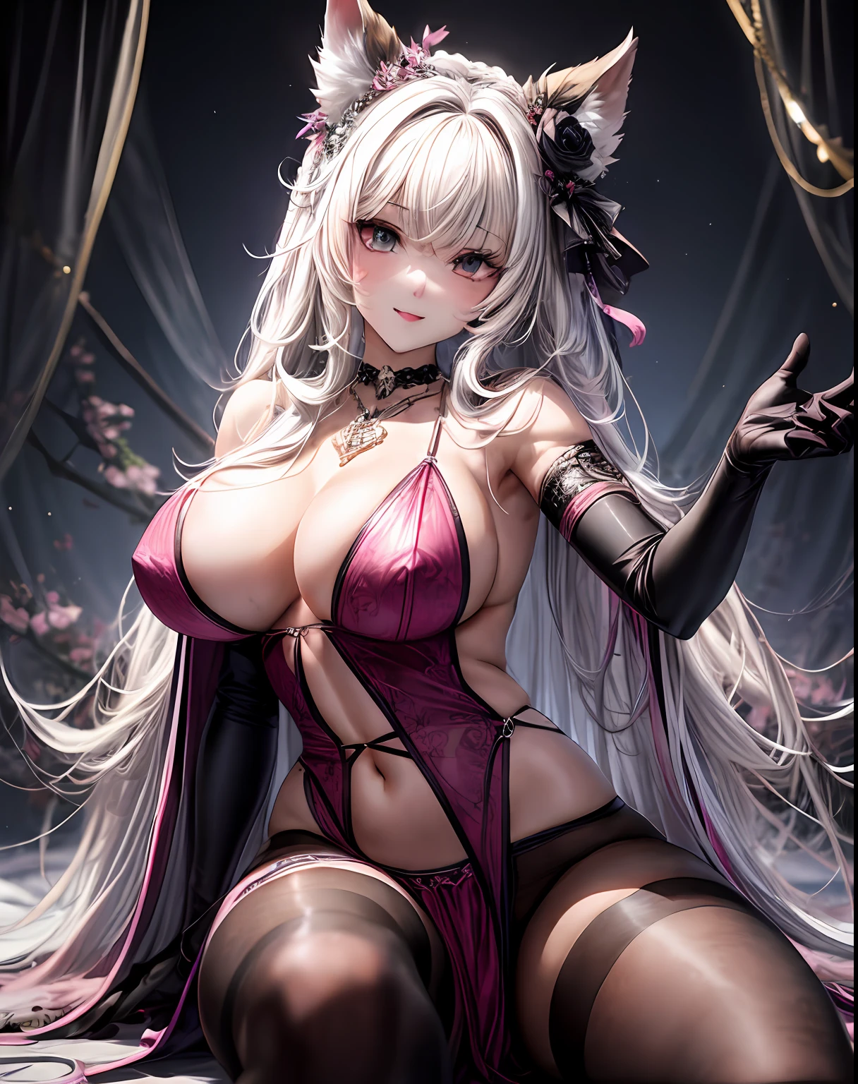 (8K,tmasterpiece,realisticlying),(Hyper-detailing,Ultra-clear,Whole body diagram),(ssmile:1.1),((wavy white long hair):1.3,beatiful detailed eyes,Perfect proportions,eyes with brightness,Light makeup,choker necklace,ear jewelry,Pink and moist lips),1.Sexy wife with,sacred place,Above the throne,Sweat soaked clothes,Bright sunshine,Free and reasonable action,Reasonable limbs and fingers,Sexy backless black openwork robe,Elegant and beautiful hairpins,White wavy curls,Wear black stockings and high heels,(gigantic cleavage breasts,Heavy breasts,Big abs,Fitness buttocks,Slender beautiful legs,Stretch meat,Fair and moisturized skin),(The atmosphere is ambiguous,a fairy world:1.2)