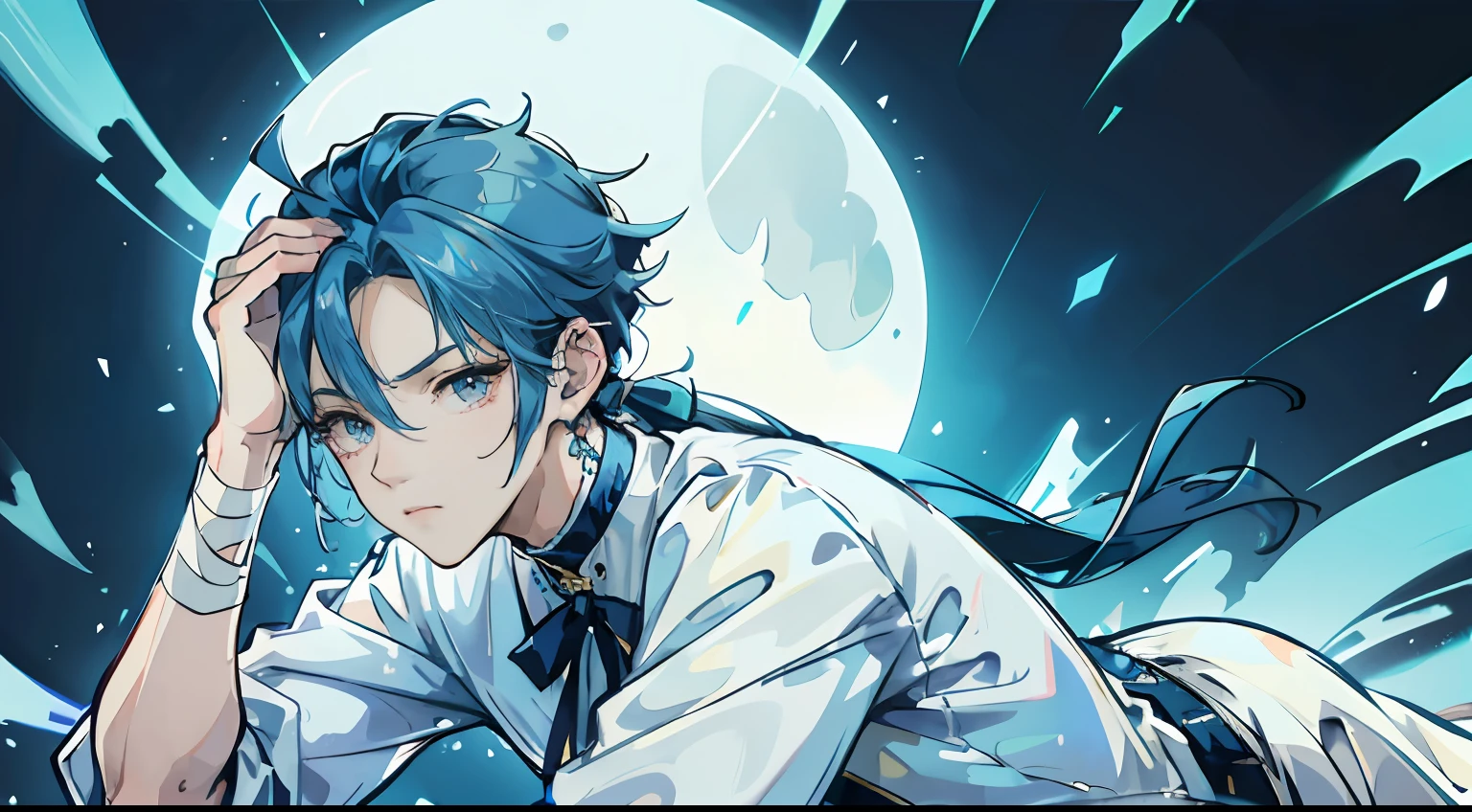 Hold your head,Bend over,Blue hair,Bandage sideburns,A handsome boy,headache