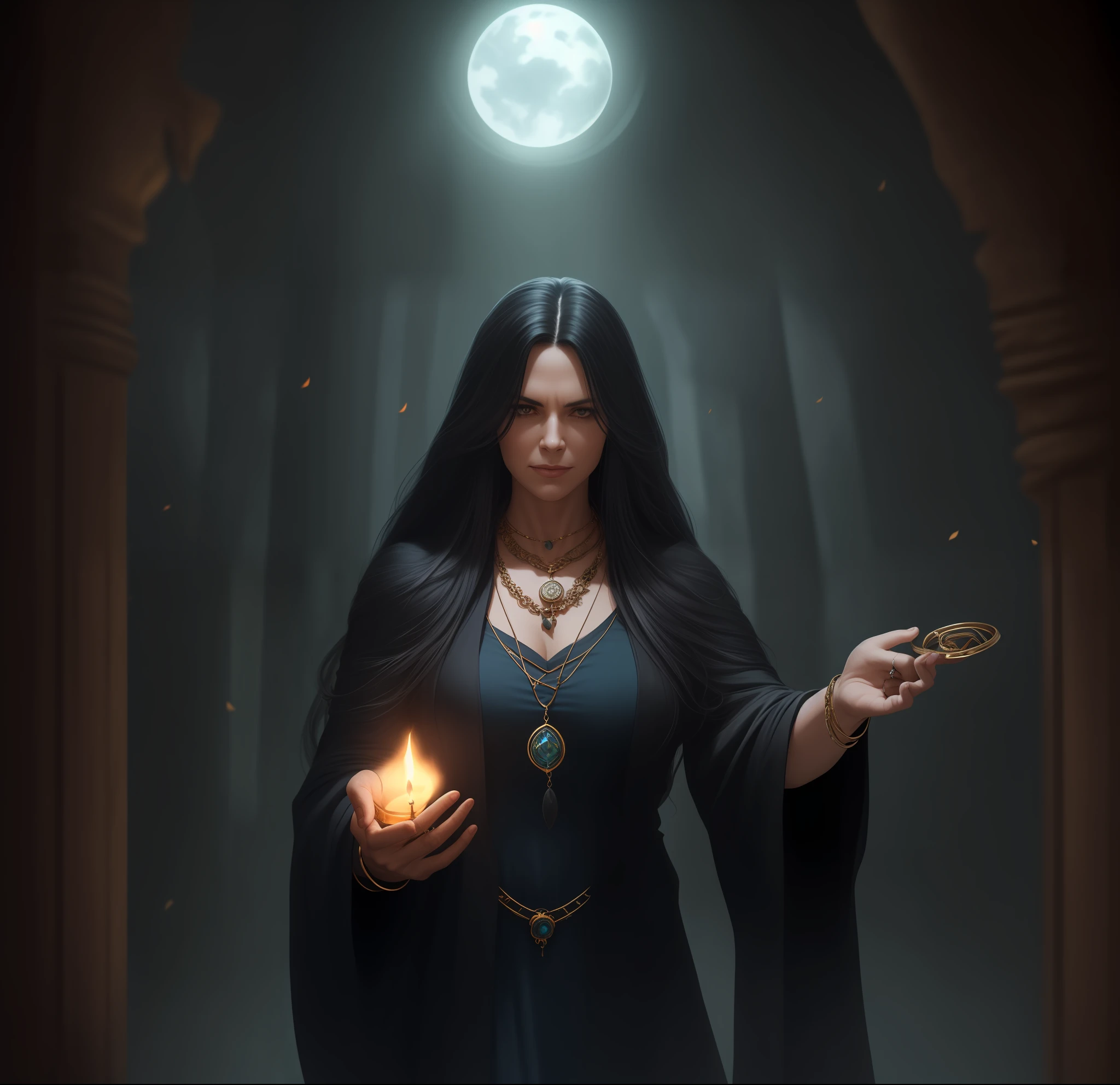 Middle Aged Woman, mage, witchy, dark long hair, black and blue clothes, On the fingers of the ring, Jewelry and amulets around the neck