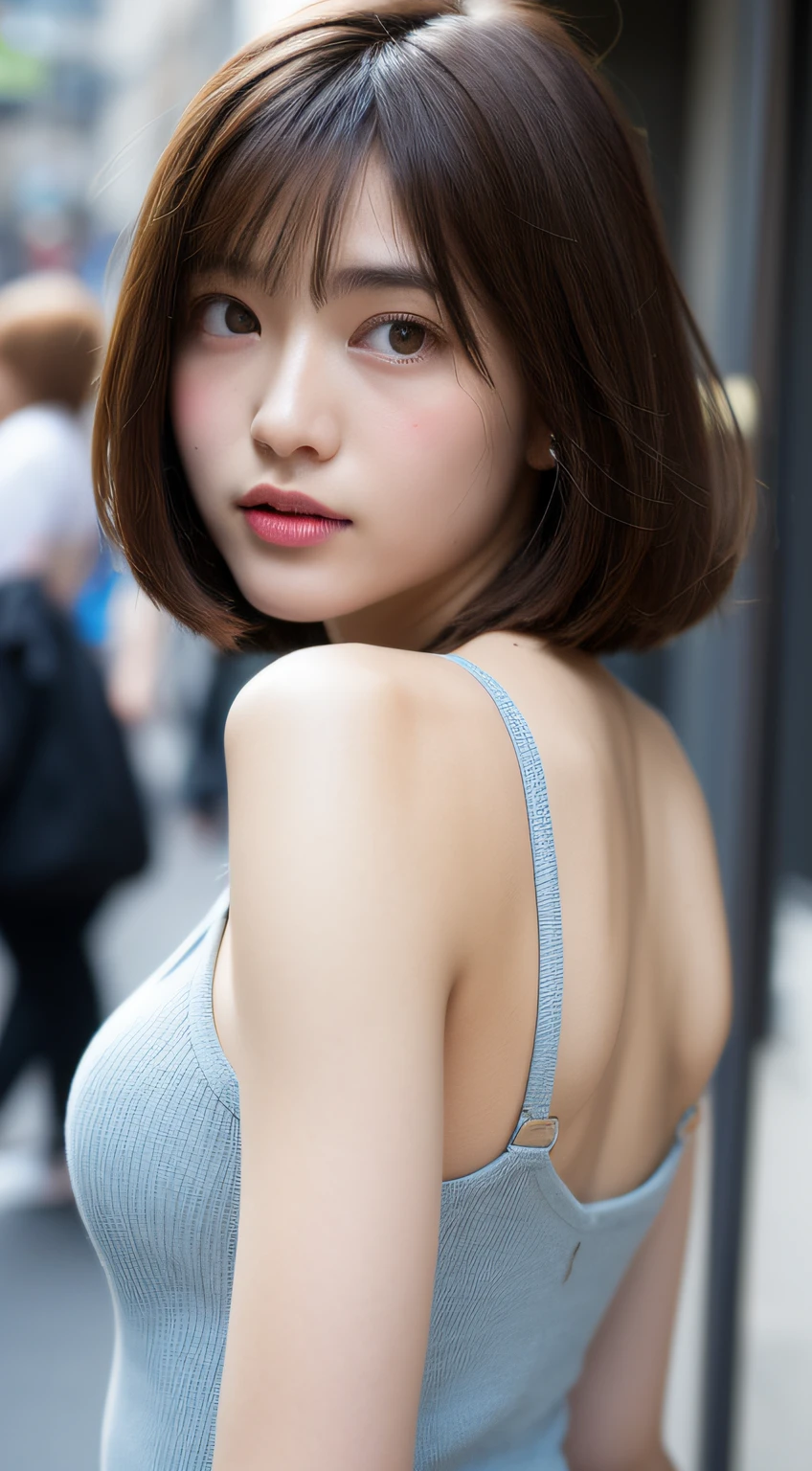 (Raw photography:1.2)、(Photorealsitic:1.4)、(​masterpiece:1.3)、(top-quality:1.4)、超A high resolution、(A detailed eye)、(detailed facial features)、(detailed clothes features)、8K分辨率、solofocus、bangss、skin tightening、(shinny skin)、(Slender girl)、(Straightening of the back)、(a japanese girl)、(Japan Faces)、((short-hair))、1 girl in、Slim Beauty:1.3、brown haired、Delicate hair、(huge tit:1.2)、new york streets、Detailed street fashion、hotpants、Looking at the camera