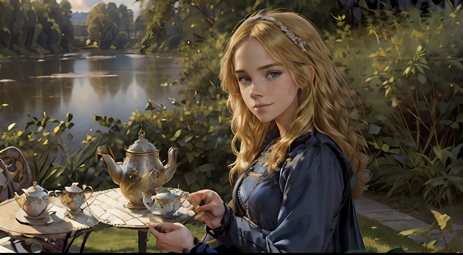 masutepiece, Highly detailed, Super realistic, 4K, 8K, Detailed background, Detailed face, Bright lighting, Daylight, Beautiful face, Beautiful eyes, Victorian style, Art by James_Jean_Andrei_Rya Bobychev_marc_Simonetti, (One Girl And One Young Man),
(14-year-old princess), (Blonde hair, Blue eyes, long curly hair),
(She wears a gorgeous medieval dress:1.5), (Lakeside cottages),
(Tea time with young blonde man on shady terrace:1.5),(A slight smil)、(wide Shots)、