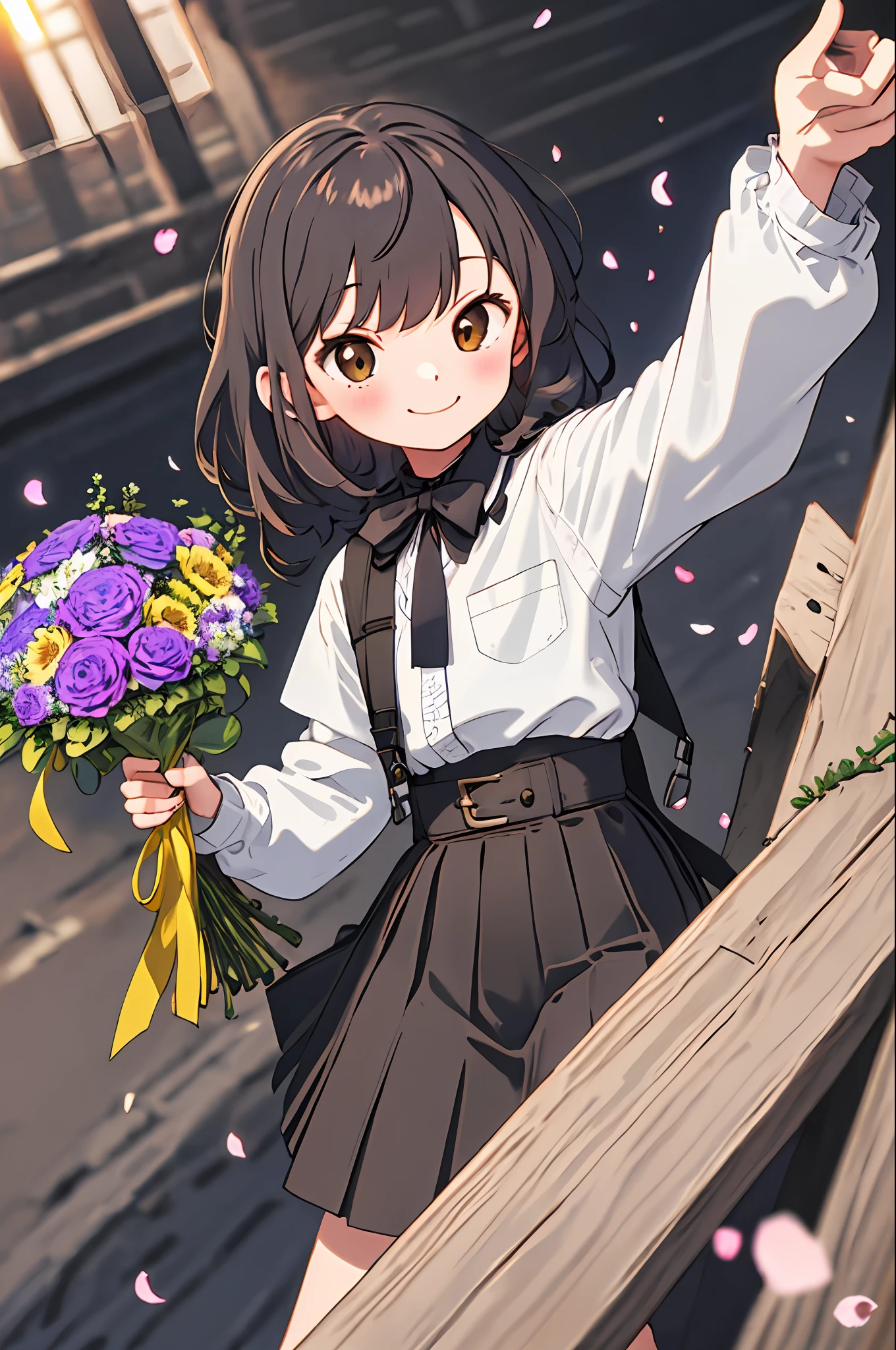 ​masterpiece, top-quality, 1girl, 独奏, long_hair, looking_at_viewer, Brown hair, brown-eyed, a smile, bangss, skirt by the, The shirt, long_sleeves, doress,  closed_mouth, florals, frilld, hair_flower, flower petals, flower bouquet, holding_flower, center_frills, holding_bouquet, flower  field, white backgrounid, vivd colour, lensflare, depth of fields, Dutch angle