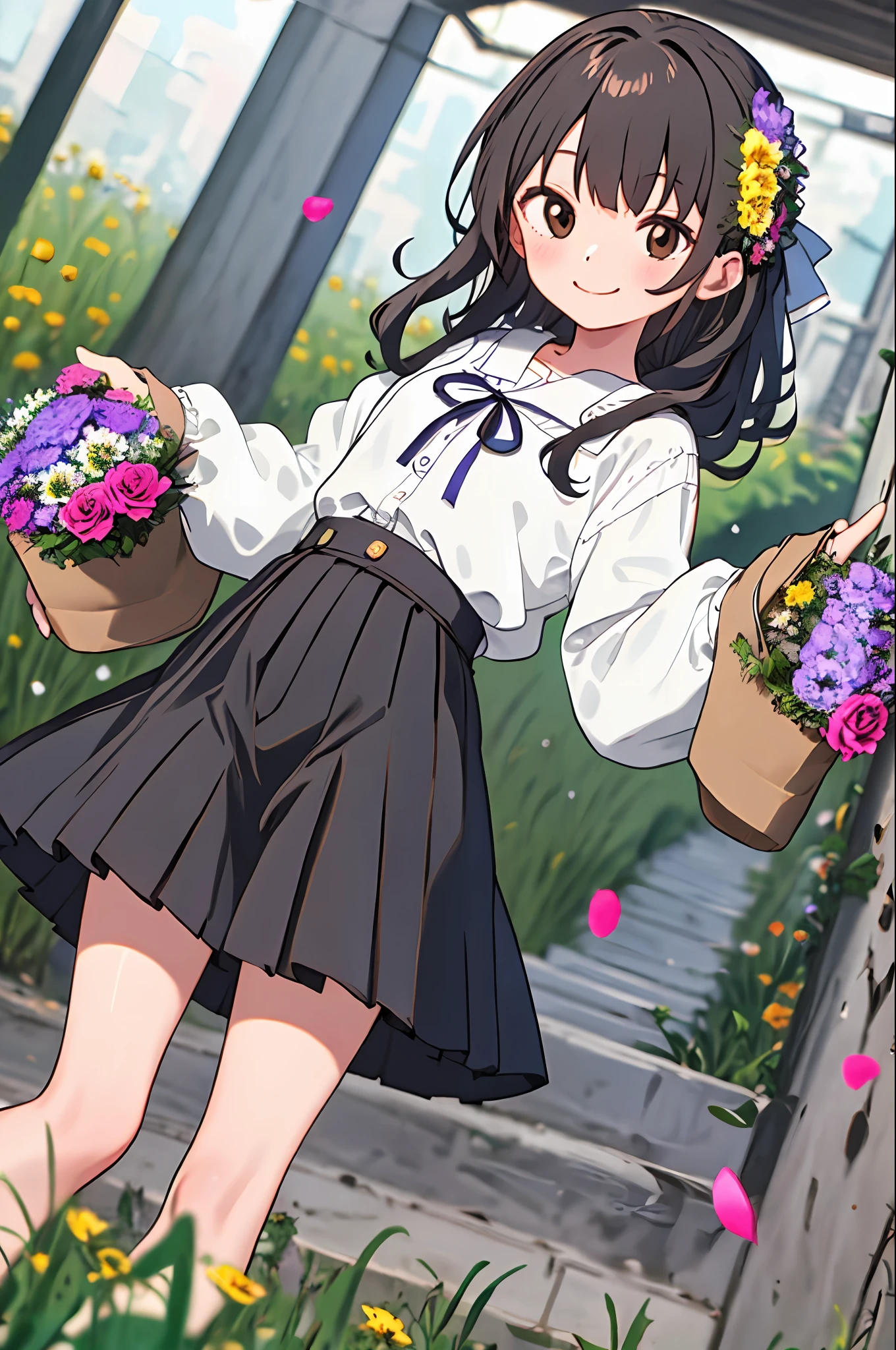 ​masterpiece, top-quality, 1girl, 独奏, long_hair, looking_at_viewer, Brown hair, brown-eyed, a smile, bangss, skirt by the, The shirt, long_sleeves, doress,  closed_mouth, florals, frilld, hair_flower, flower petals, flower bouquet, holding_flower, center_frills, holding_bouquet, flower  field, white backgrounid, vivd colour, lensflare, depth of fields, Dutch angle