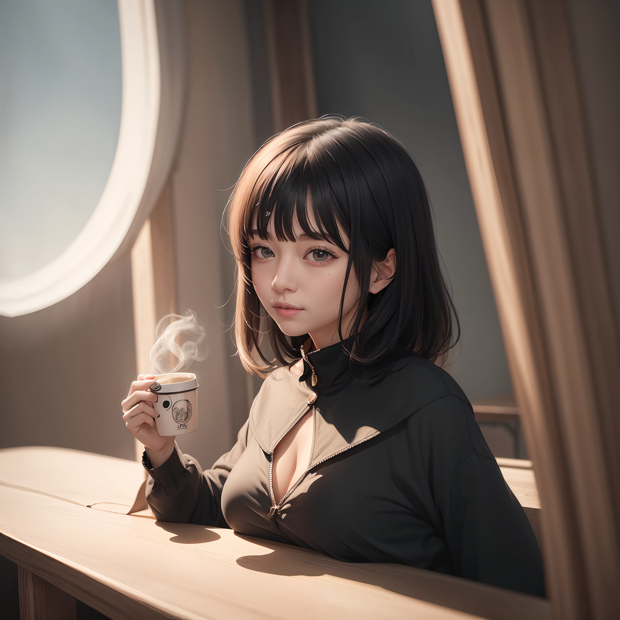 there is a woman sitting at a table with a cup of coffee, Anime girl in real life, Shot on Canon EOS R 6, Anime. Soft lighting, taken with canon 5d mk4, Anime girl cosplay, Guviz-style artwork, Anime style mixed with Fujifilm, taken with canon eos 5 d mark iv, shot on a Canon EOS R5