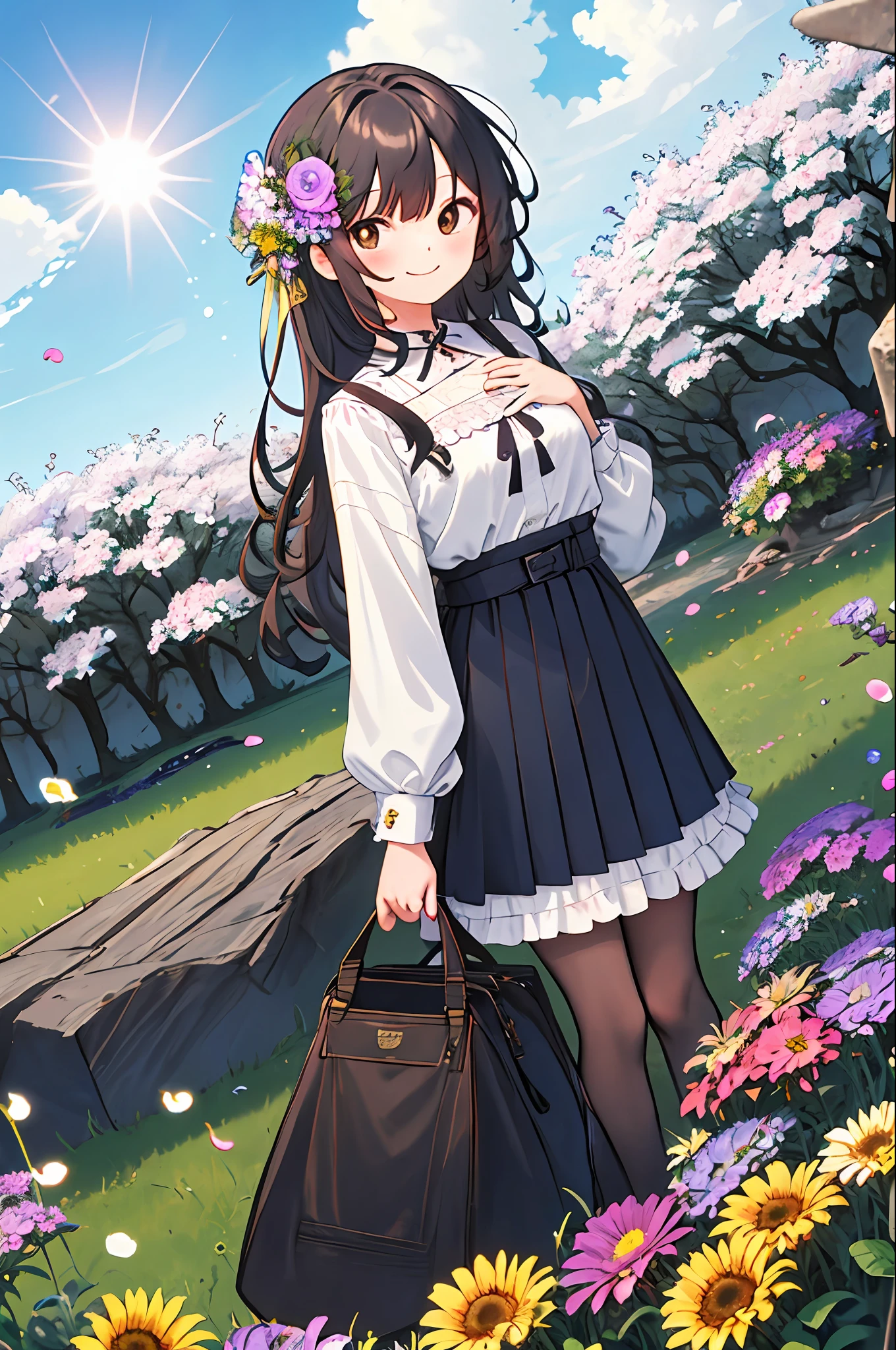 ​masterpiece, top-quality, 1girl, 独奏, long_hair, looking_at_viewer, Brown hair, brown-eyed, a smile, bangss, skirt by the, The shirt, long_sleeves, doress,  closed_mouth, florals, frilld, hair_flower, flower petals, flower bouquet, holding_flower, center_frills, holding_bouquet, flower  field, white backgrounid, vivd colour, lensflare, depth of fields, Dutch angle