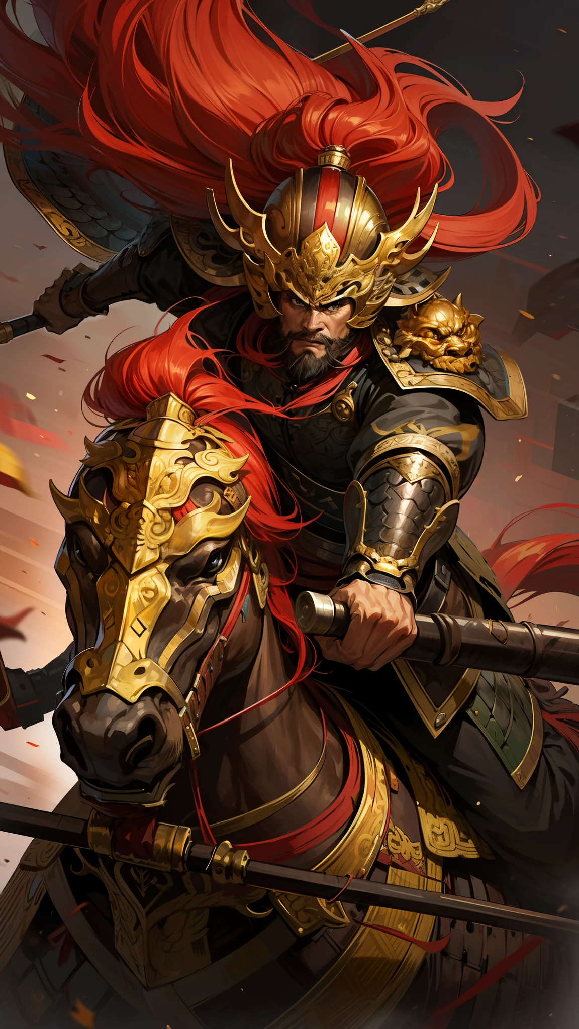 (4k,   best quality, highres:1.1), (masterpiece:1.1),   man, (Chinese male:1.2), middle-aged, warrior, detailed eyes, facial hair, muscular, strong, brave, courageous, powerful, honorable, disciplined, confident, looking at viewer,
face, bracer, helmet, armor, holding weapon, riding, horse, black, red,