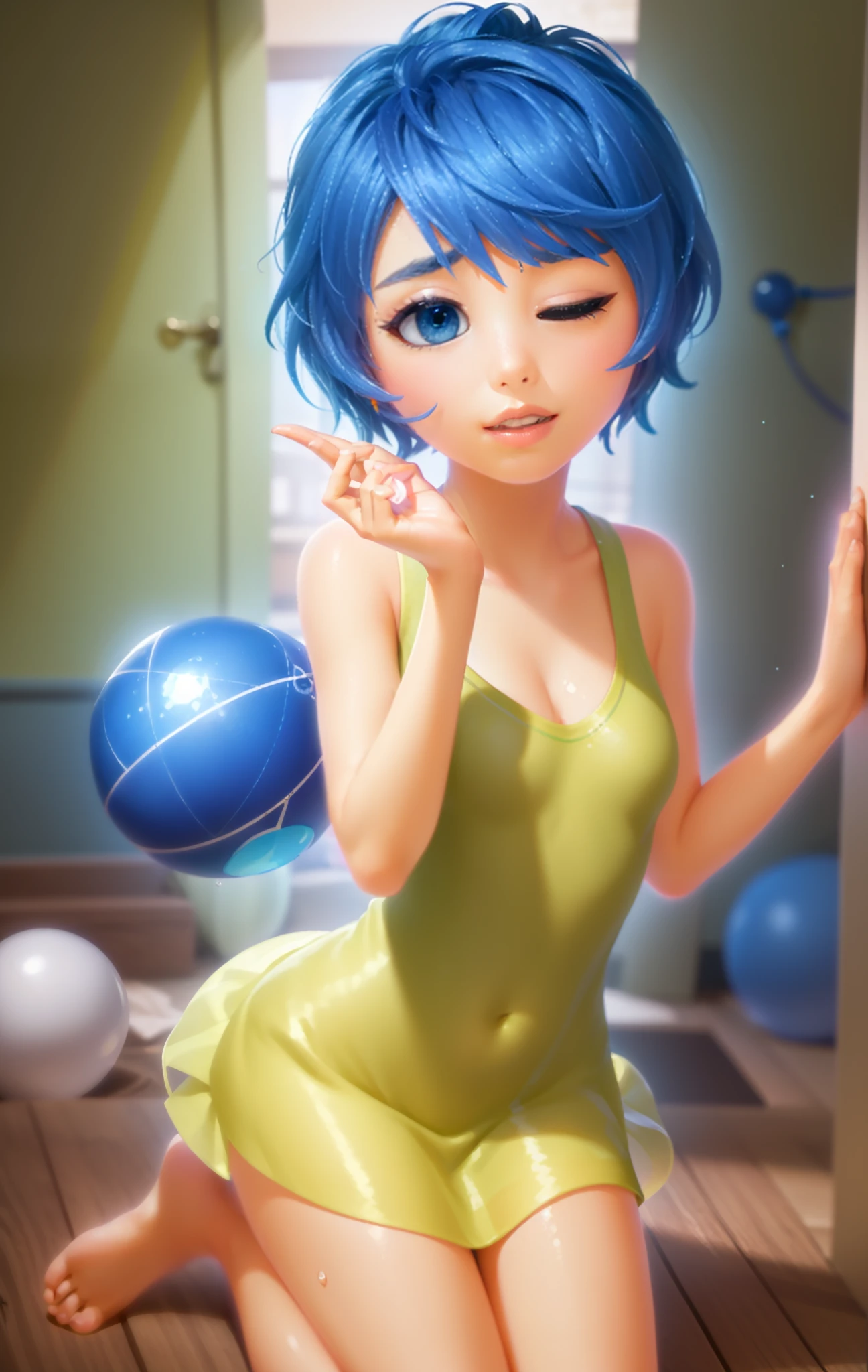 Masterpiece, Best Quality, (joying_Inside out, yellow skin, ),  Happy, wet transparent mini green dress,  Pixar, cartoony, 3D Rendering, small breasts, bare footed, Sunlight, (parted lips:1.4), (nose blush:1.2), breasts visible, Showing breasts, (cinematic lighting), ((detailed background of a glowing ball pit)), ((high-angle view)), (((three-quarter view))), (half body shadow), [backlighting], [crepuscular ray], [detailed ambient light], [gray natural lighting], [ambient light on the belly], (higher wildlife feral detail), [explict content], [sharp focus], (questionable content), (shaded), ((masterpiece), Commission for High Res, masterpiece, best quality, detailed image, bright colors, detailed face, perfect lighting, perfect shadows, perfect eyes, girl focus, flawless face, gorgeous body, shiny body, center focus, gaze at the viewer, half-closed eyes, 1girl, solo, (masterpiece:1.21), (best quality:1.2), (illustration:1.2), (cinematic lighting:1.3), balanced coloring, global illumination, ray tracing, good lighting, cleavage, attractive body, sexy body, looking at viewer, seductive look, SFW, close up, portrait, looking at viewer