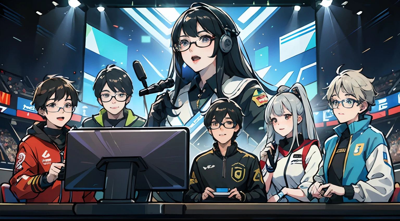 RNG race costumes,Wear glasses,Slightly fat,Hold the microphone,Esports competitions,on the podium,The large screen displays the RNG