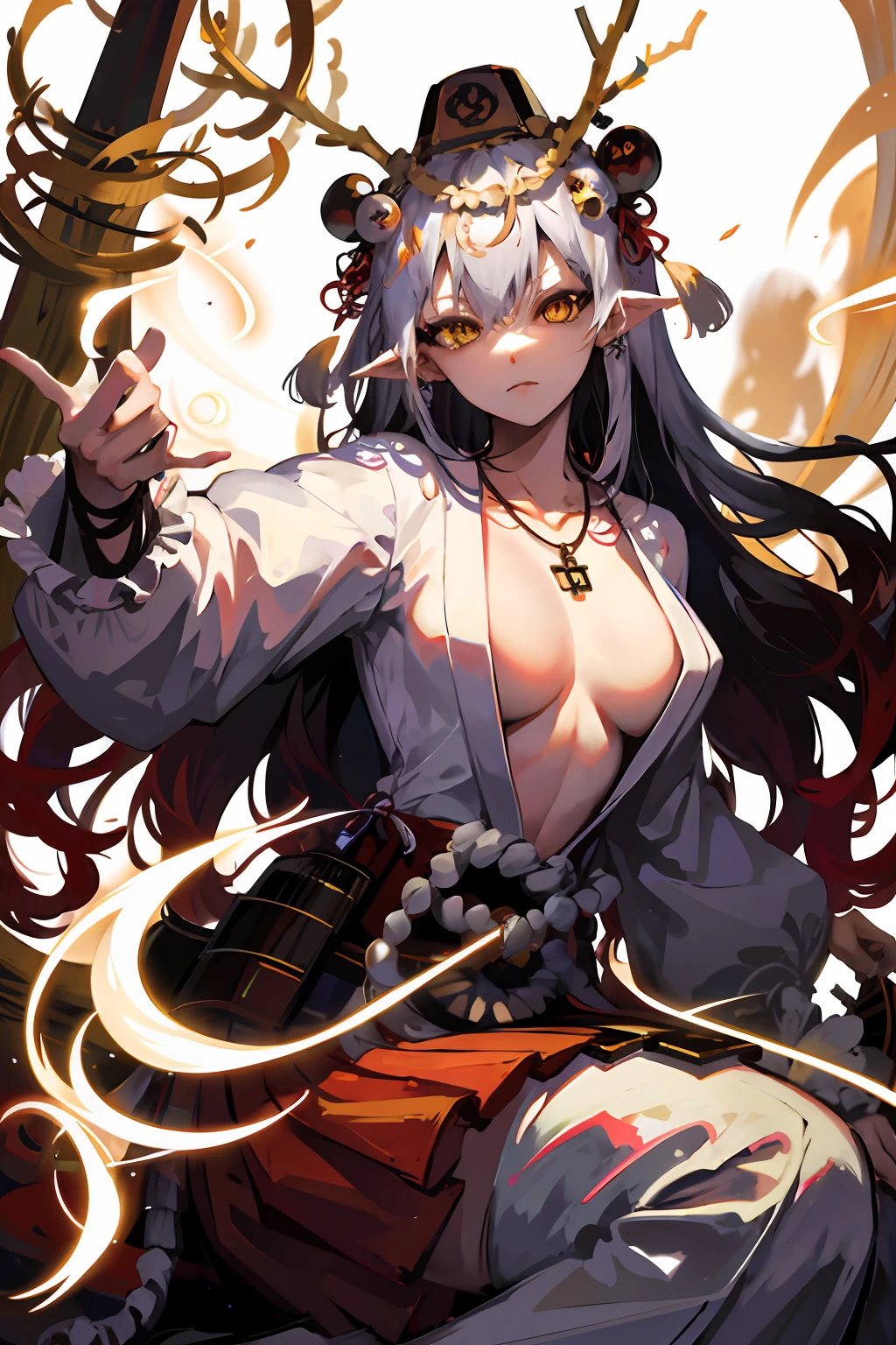 Original costume,1girll,独奏,long whitr hair,colored sclera,Japanese clothes,nedium breasts,Japanese armor squatting cowgirl pose,flower sea,Beautiful,fanciful,apathy,Sit cross-legged