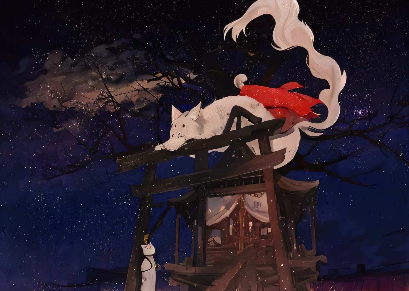 Anime scene of a woman and a cat on the roof,There are tall trees and a night sky,Cats are white,The tail is long,Wavy swing,Has red eyeshadow。The woman wears a red cloak。There was a chalet,There are stars in the night sky,And a little cloud。The night sky is blue。Under the torii is a little boy,Looking up at the woman。The woman's eyes are black,lofty nose,Small mouth