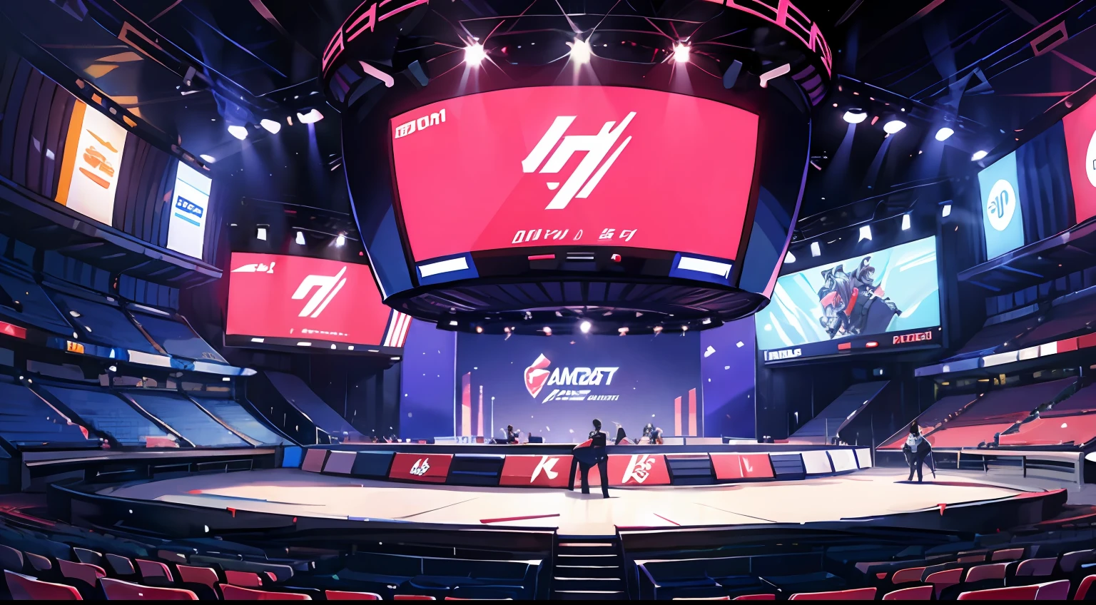 10,000 esports competitions，morden style，On the podium，Big screen playback，The audience is innumerable，style of anime