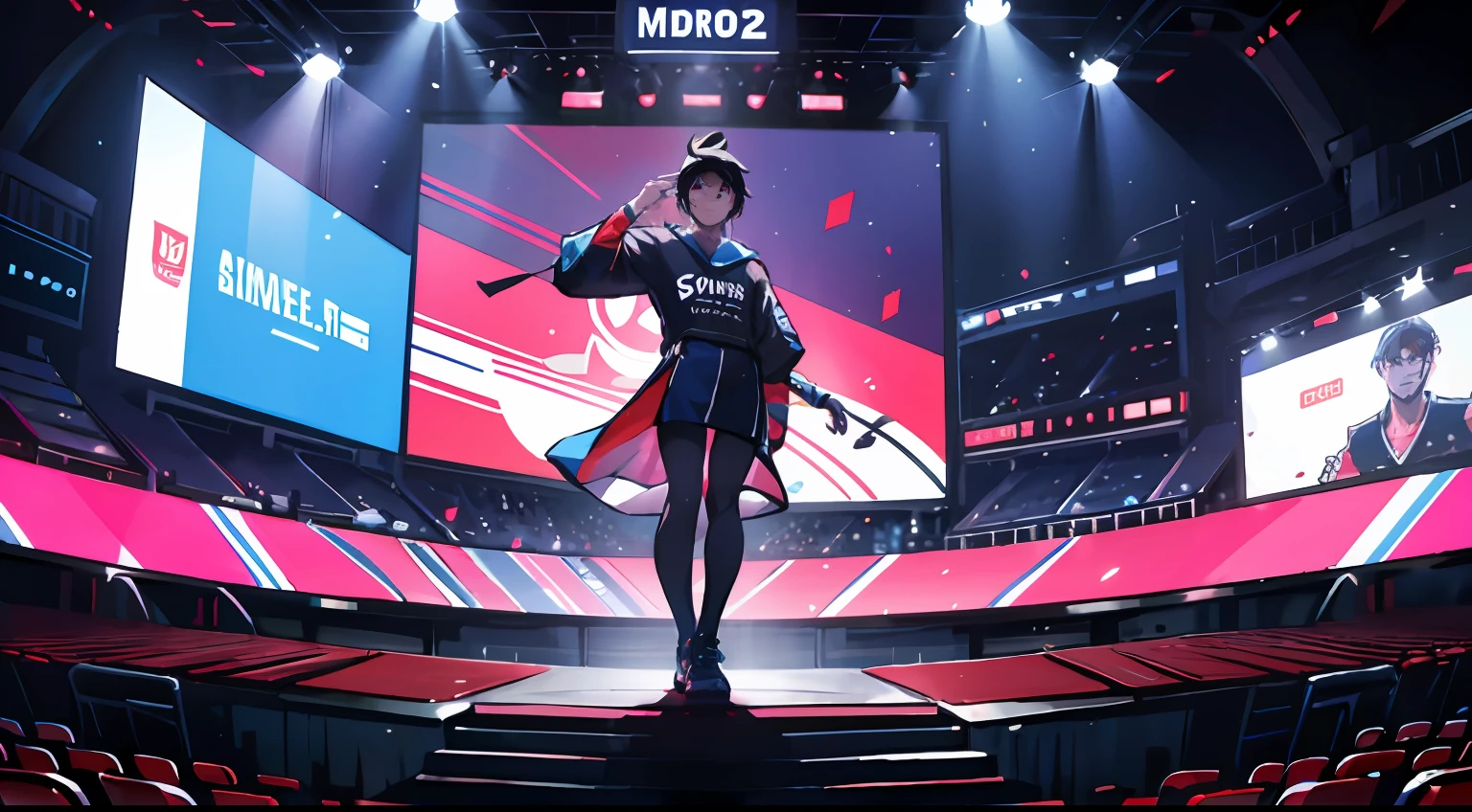 10,000 esports competitions,morden style,On the podium,Big screen playback,The audience is innumerable,style of anime