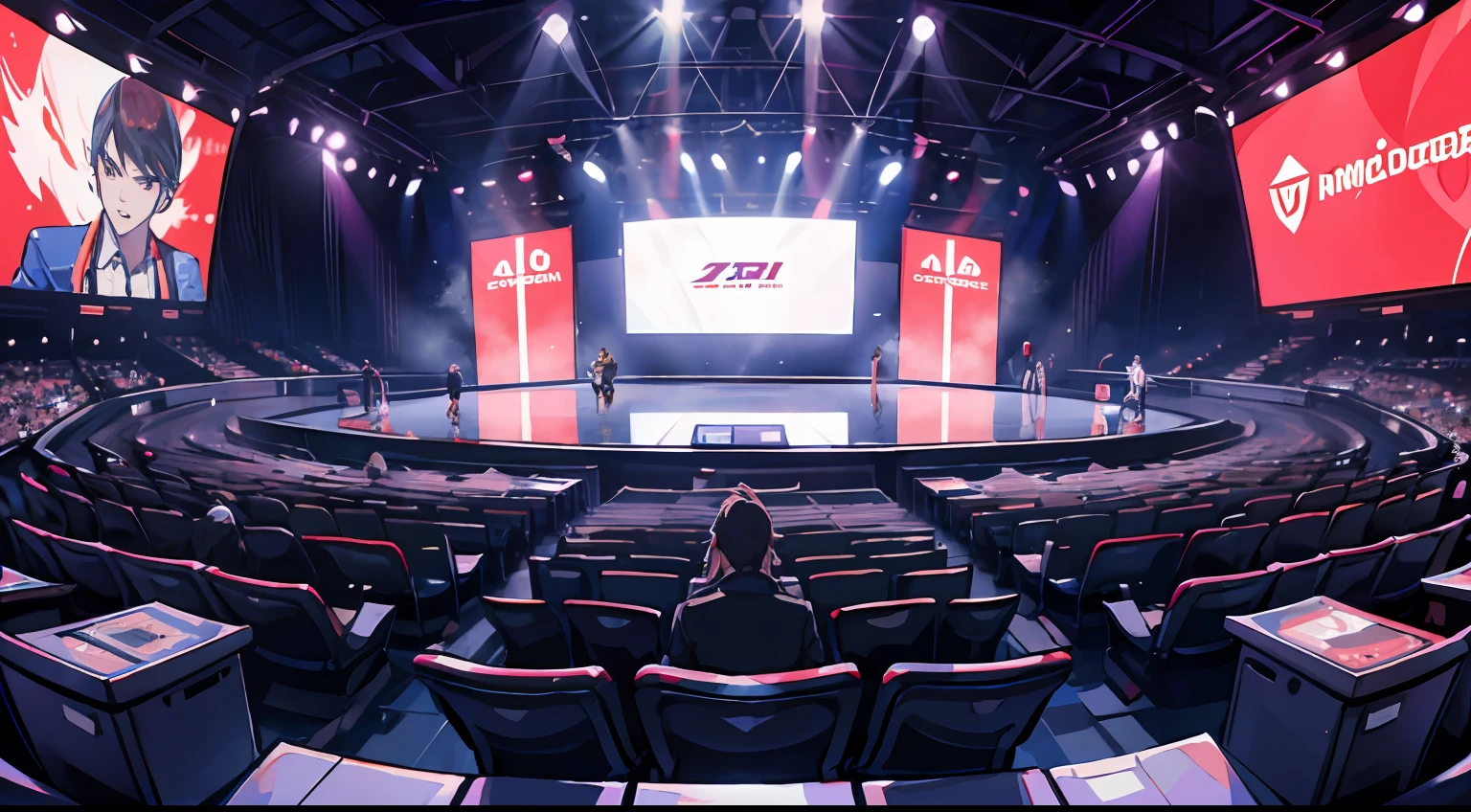 10,000 esports competitions，morden style，On the podium，Big screen playback，The audience is innumerable，style of anime