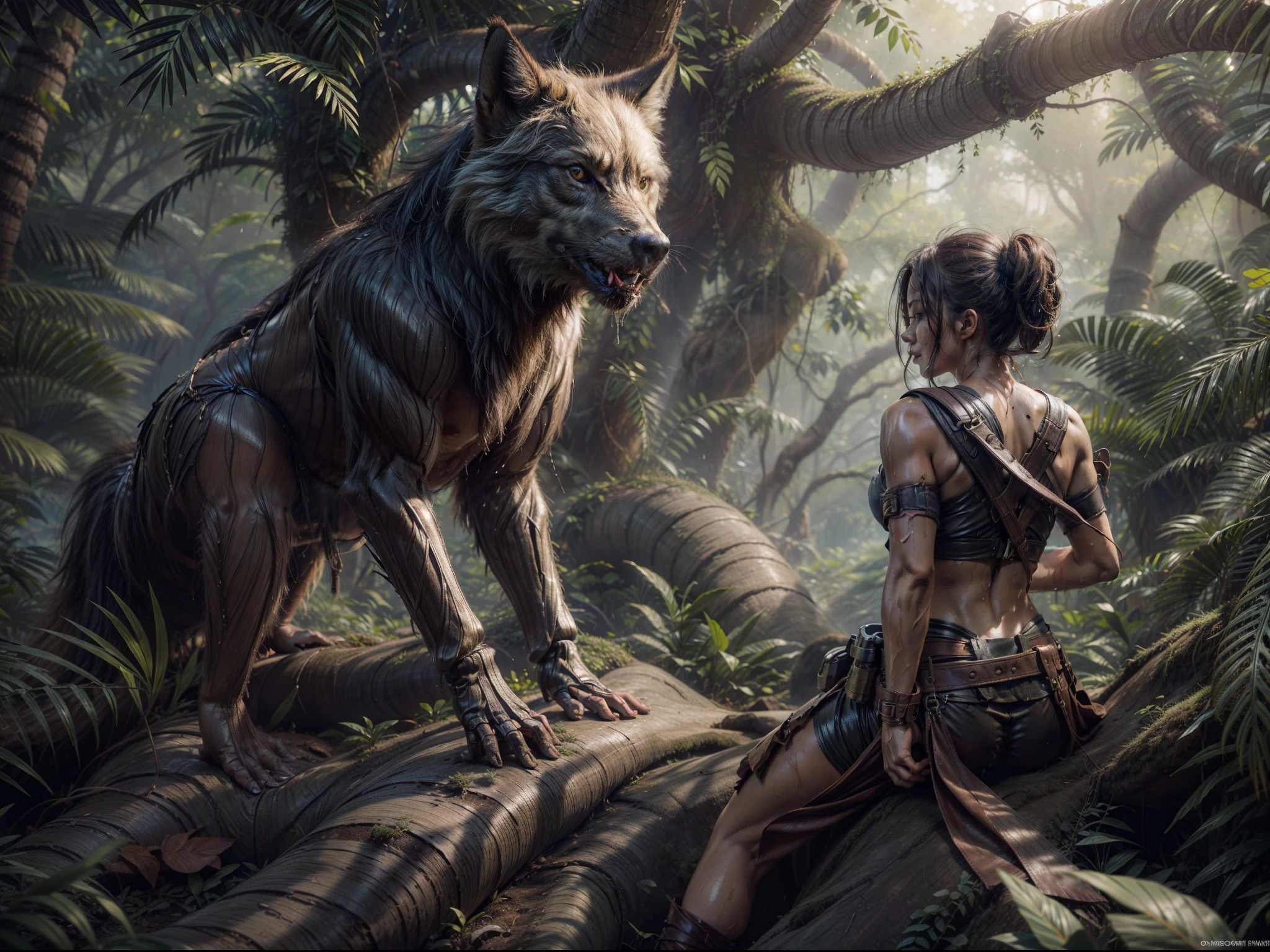 1girll,a beautiful female((adventurer)),adventurer,cleavage,musculature,Abs,jungles,In an oasis,giant and wet trees,wide angles,(Backshot:1.4)45 degree angle,high-angle,There are ferocious vipers,There are fierce wolves,the trees,dynamic angle,dynamicposes,Reallightandshadow,Realistic lighting,A high resolution,ultra - detailed,textures true to reality,Bold textures,Crazy textures,