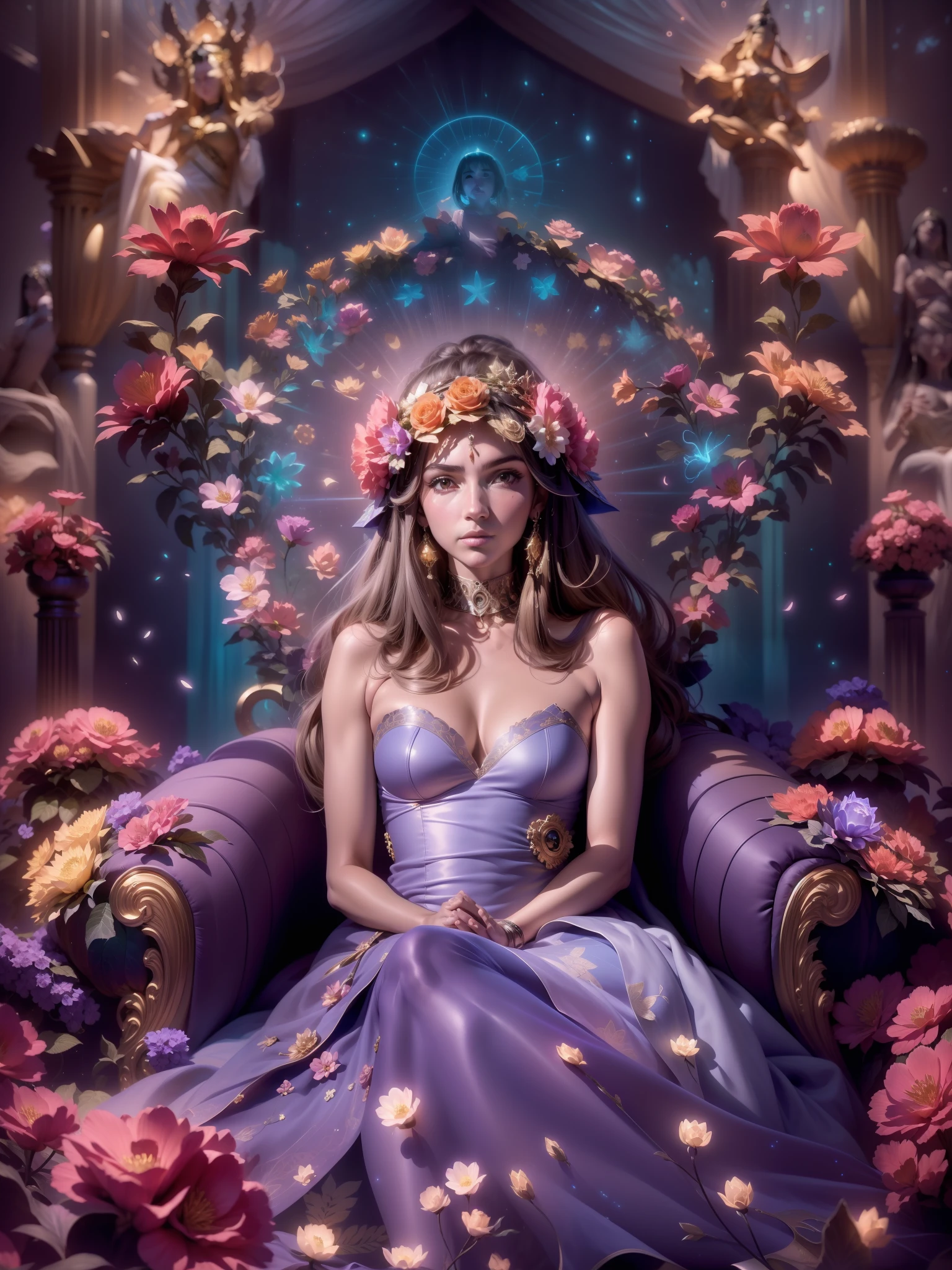 color photo of a mysterious woman sitting in a divine light, with neon lights, flowers, stars, axial symmetry, and a magnificent background.silver dress, high heels, flower crown, starry sky background, serene and enigmatic expression, Nikon Z7 II camera, Fujifilm Velvia 50 film, 50mm lens, high saturation, Tim Walker, David LaChapelle, Sofia Coppola, Valentino, Alexander McQueen
