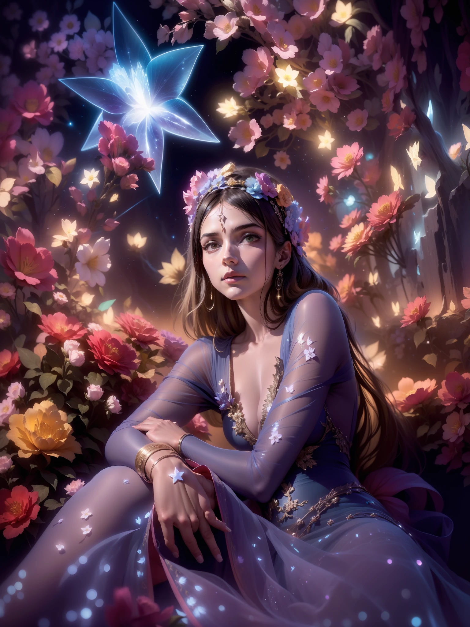 color photo of a mysterious woman sitting in a divine light, with neon lights, flowers, stars, axial symmetry, and a magnificent background.silver dress, high heels, flower crown, starry sky background, serene and enigmatic expression, Nikon Z7 II camera, Fujifilm Velvia 50 film, 50mm lens, high saturation, Tim Walker, David LaChapelle, Sofia Coppola, Valentino, Alexander McQueen