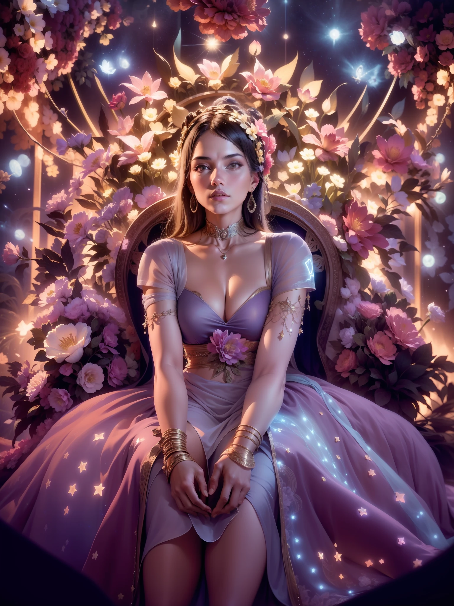 color photo of a mysterious woman sitting in a divine light, with neon lights, flowers, stars, axial symmetry, and a magnificent background.silver dress, high heels, flower crown, starry sky background, serene and enigmatic expression, Nikon Z7 II camera, Fujifilm Velvia 50 film, 50mm lens, high saturation, Tim Walker, David LaChapelle, Sofia Coppola, Valentino, Alexander McQueen