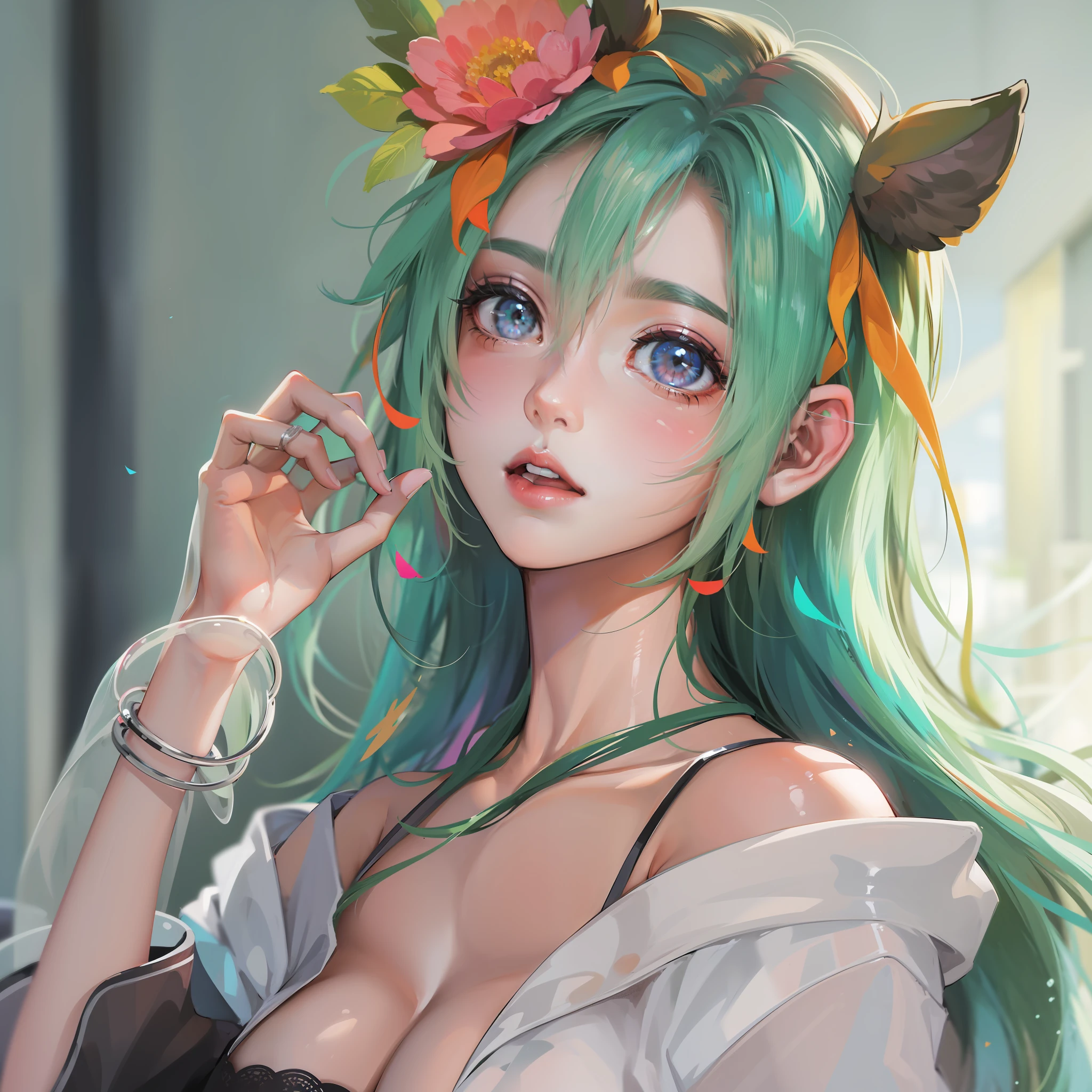 animemanga girl，Colorful hair，The skirt is colorful，Rossdraws pastels are vibrant，Rossdraws cartoons are vibrant，Anime style 4 K，a beautiful anime portrait，Artgerm is colorful！！！，！Dream Artgerm，Beautiful anime girls，anime styled digital art，anime art wallpaper 4k，anime art wallpaper 4k，digital anime art，Very detailed artgerm cleavage，White thighs
Wait for it to start