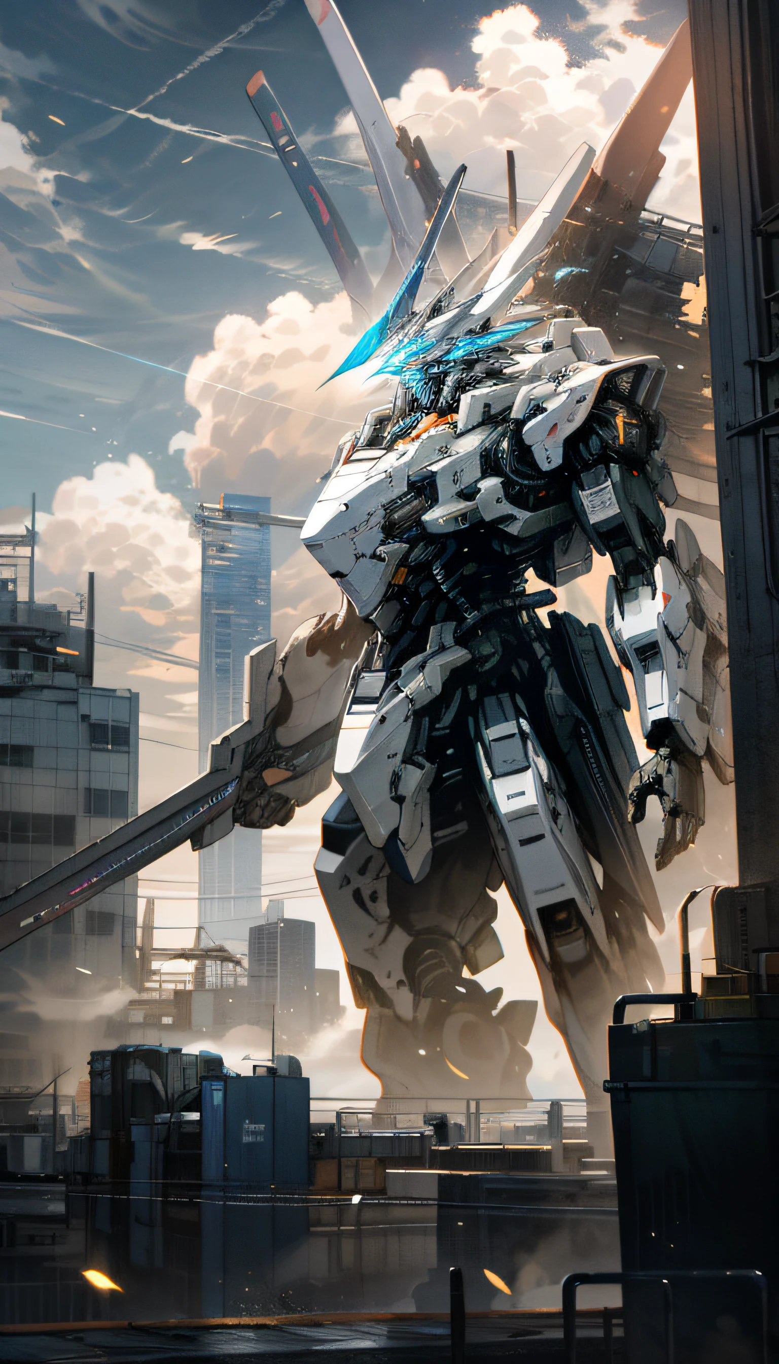 Sky, Clouds, holding_weapon, no_humans, Glow, Mecha, Architecture, Science Fiction, City, Reality