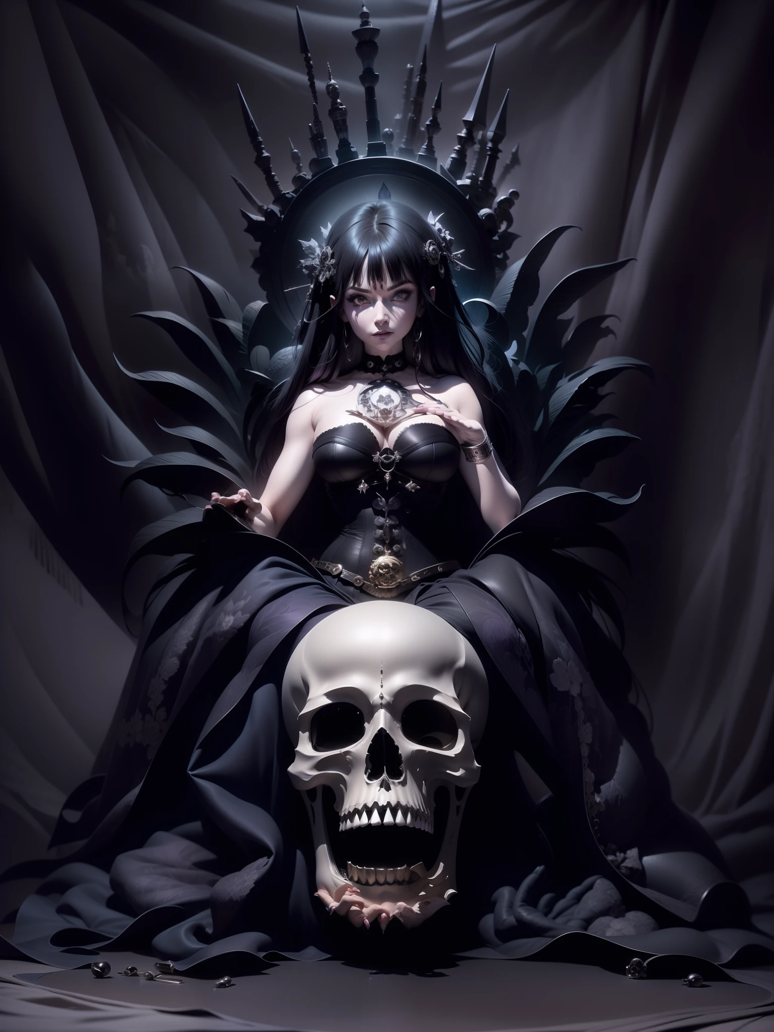 a mysterious woman sitting as the goddess of death, with death clouds, sitting on a skull, purple eyeshadow, long nails, sexy clothing, axial symmetry, and a magnificent background.black leather corset, long skirt, black boots, silver jewelry, dark background, enigmatic and alluring expression, Canon EOS R5 camera, Ilford Delta 3200 film, 50mm lens, high contrast, Tim Burton, Guillermo del Toro, Neil Gaiman, Alexander McQueen, Vivienne Westwood