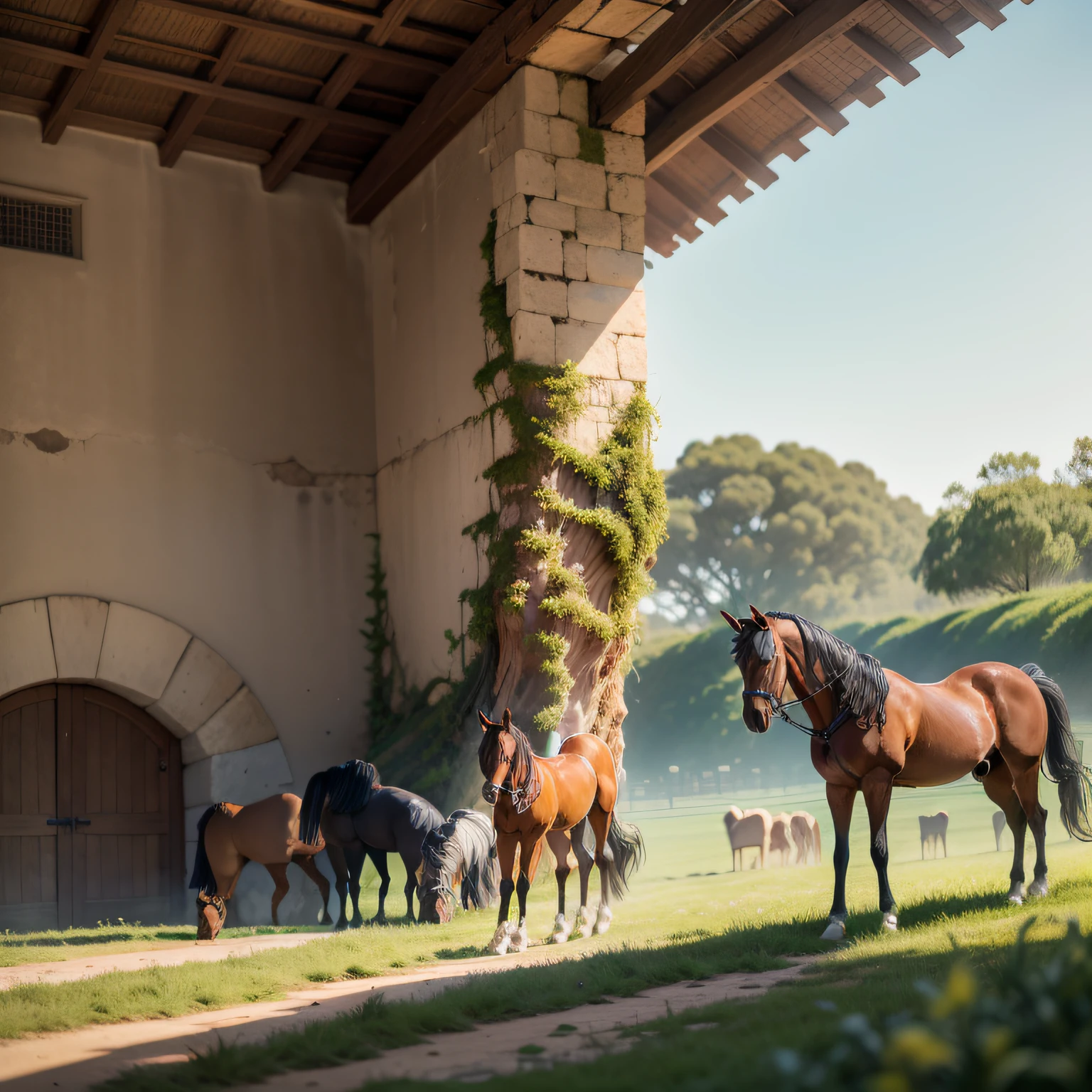 Lusitana breed horses grazing in a Ribatejo landscape, muitos sobreiros e pinheiros, alguns tufos de alfazema na paisagem, ao fundo de arquitectura moderna e futuristica existe um celeiro de madeira, arquitectura moderna, muitas arvores e algumas rochas