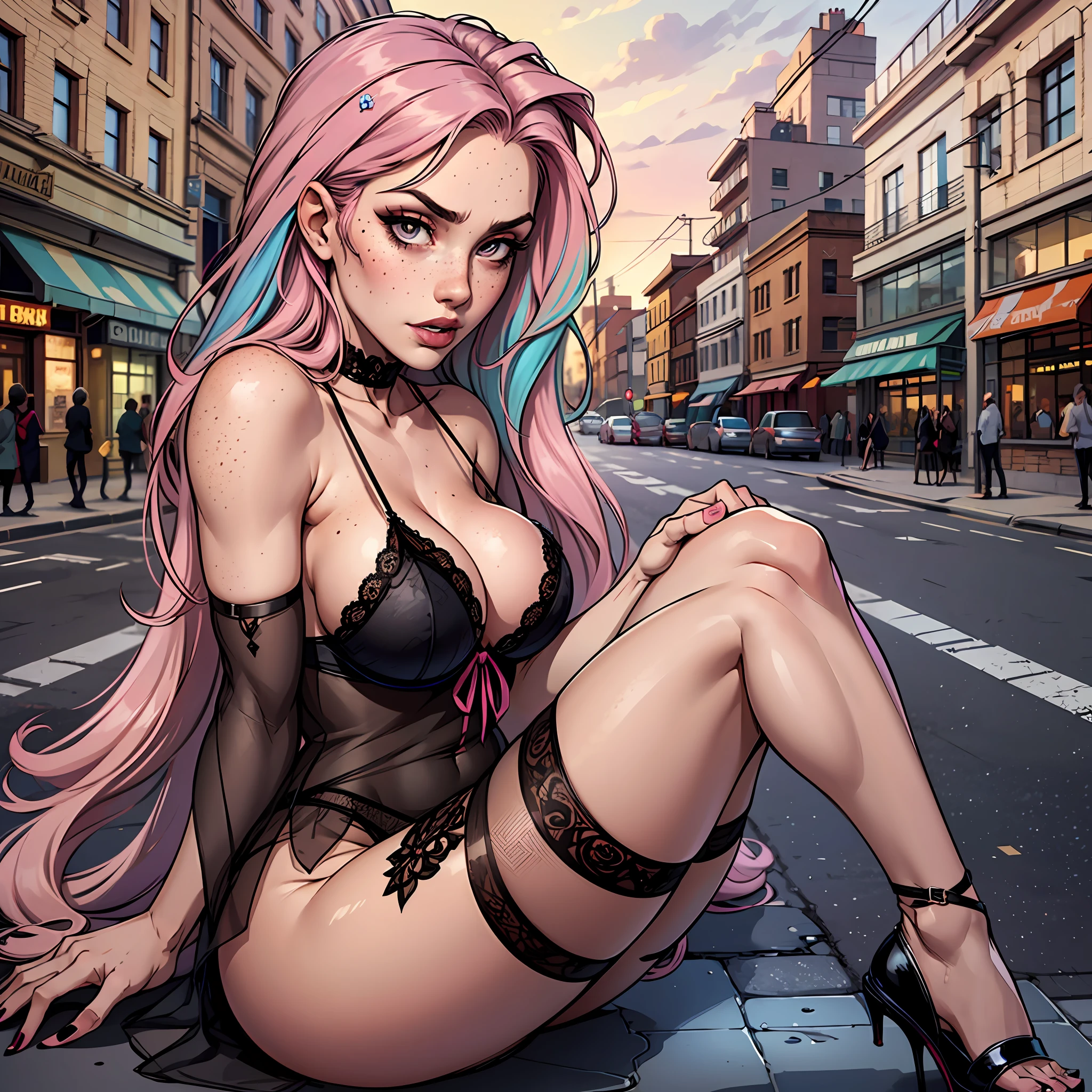 pink haired goth with long skinny legs wearing transparent lingerie and stockings, big breasts, (face freckles: 1.4) , beautiful face intense gaze, sitting on her knees in alewd pose, in a busy street.