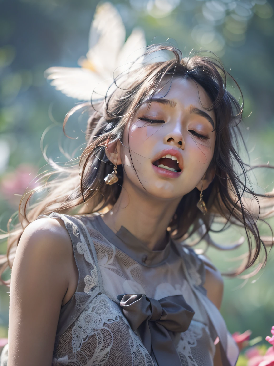 one girl,Close eyes):2.0, (Open mouth):1.5 Real numbers、8yk、Raw photo、(masuter piece)、(top-quality)、Hi-Res、((Looking Up))(girl with)、(realisitic、Photorealsitic1.5), Upper body、Ponytail,Sleeveless、skinny、years、small tits、Eyes closed、Deep sadness、Sorrow、look up sky、Open mouth、screeming、Background blur