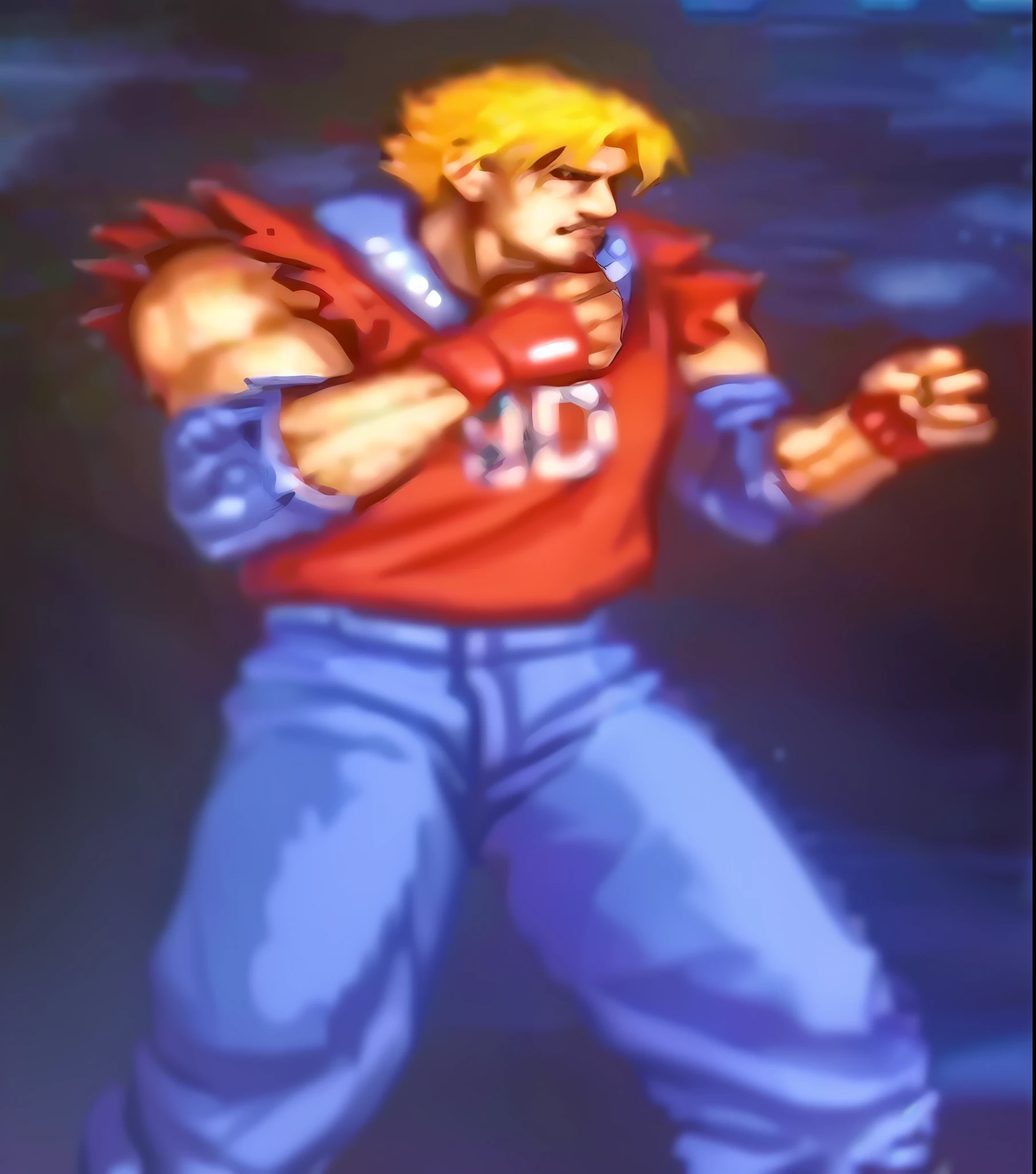 Video game close-up of a man in a red shirt, of virtua figther, kefka ff6, Contra, As a character in Tekken, 《king of fighter》role, king of fighters style, toriyama akira, haris nukem, author:Akira Toriyama, from ff7, 64x64