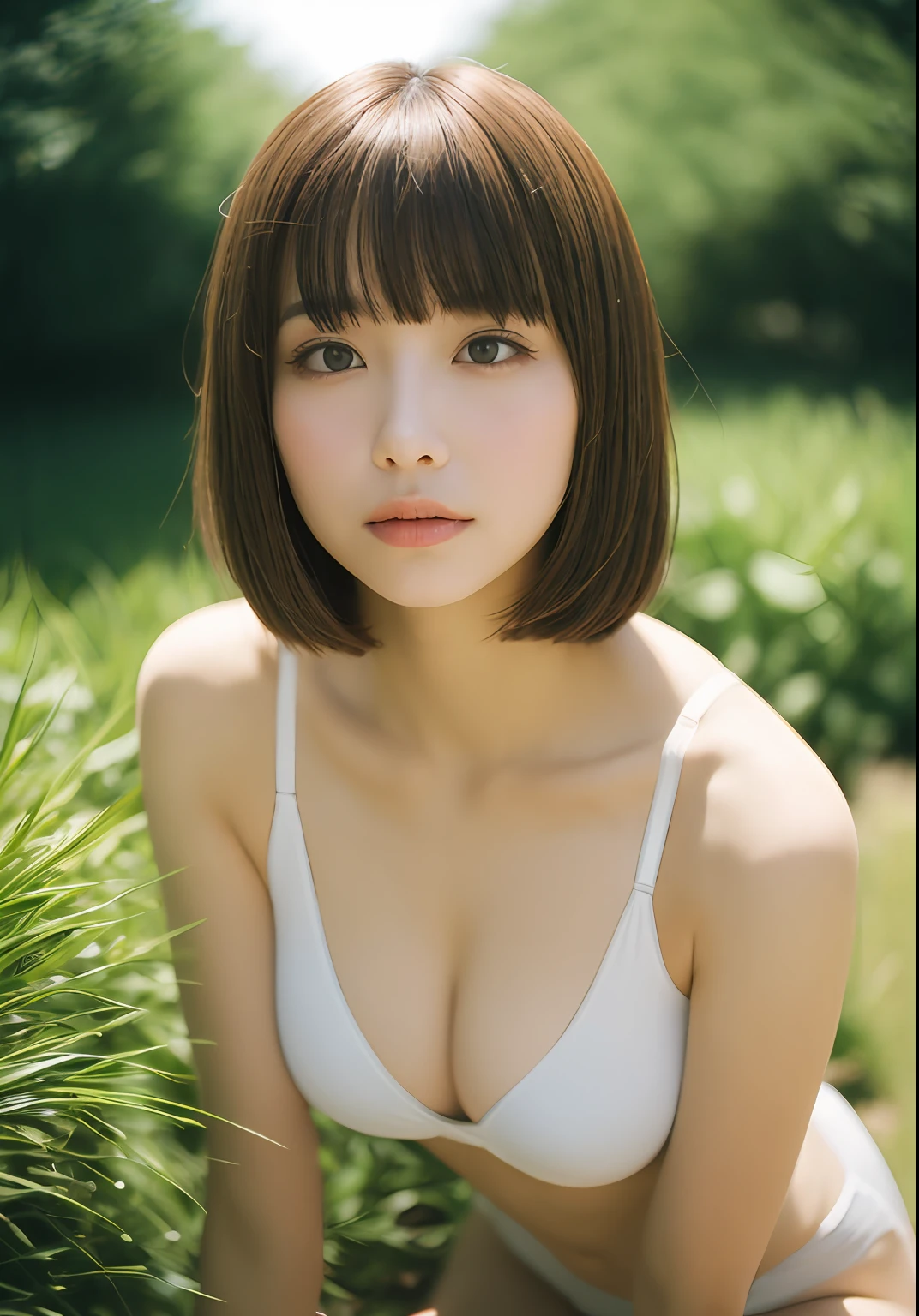 1人、a blond、On-eyebrow bangs、Shave your hairline、Shaved temples、Shaved nape、Nicely aligned neckline、Bob-cut hair、Sit on the floor with your back straight、Open legs、Wearing white underwear、In the heart of the Japan garden、fullllbody、perfect anatomia、depth of fields、Center the subject、Spiritual silence、Transcendental tranquility、Shyness、absurderes、nffsw、(Photorealsitic:1.4)、extra detailed face、Raw photography、film grains、Deviantart Trends、a scene from a movie、Natural Day Light