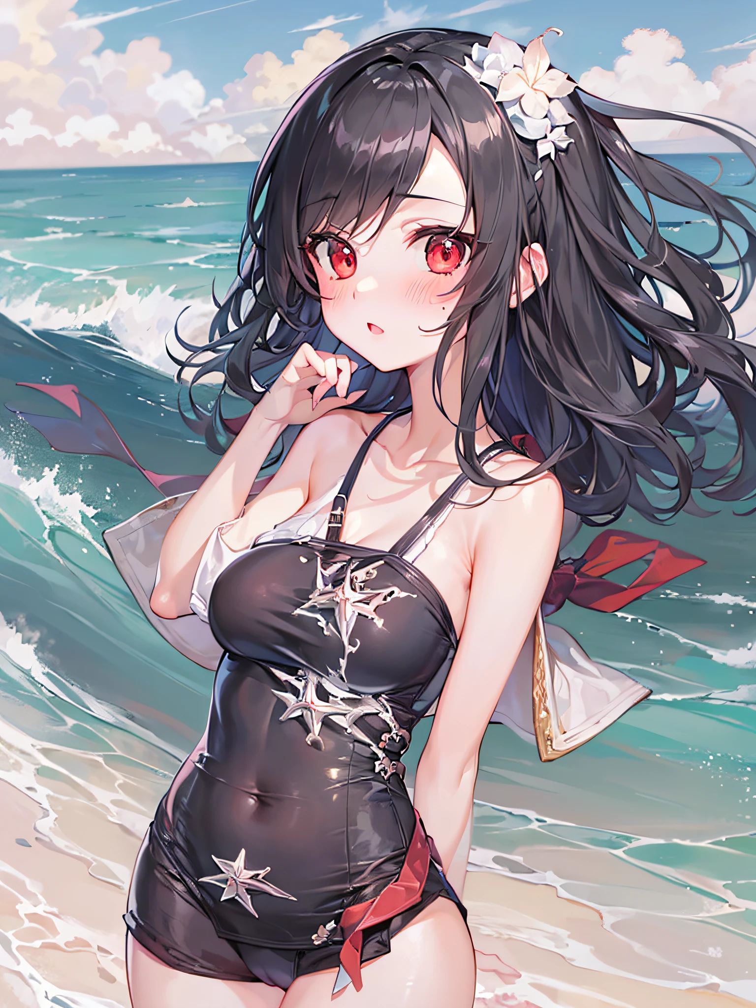 1girl in,Black medium hair,Tying hair,Navy Red Eyes,Beach,Swimsuit,Cute,blush,medium breasts,cumulonimbus clouds,Best Quality++,Highest Quality++